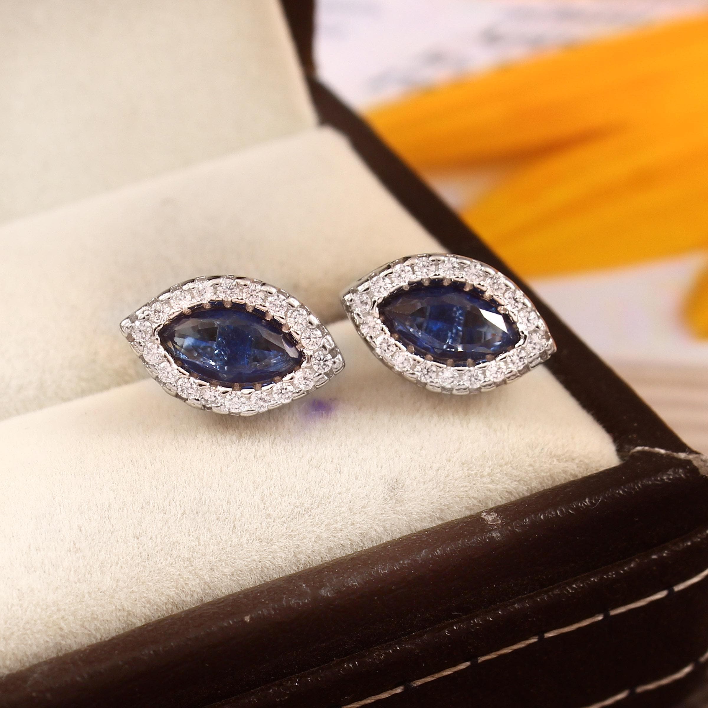 Marquise Halo Blue Sapphire Sterling Silver Stud Earrings