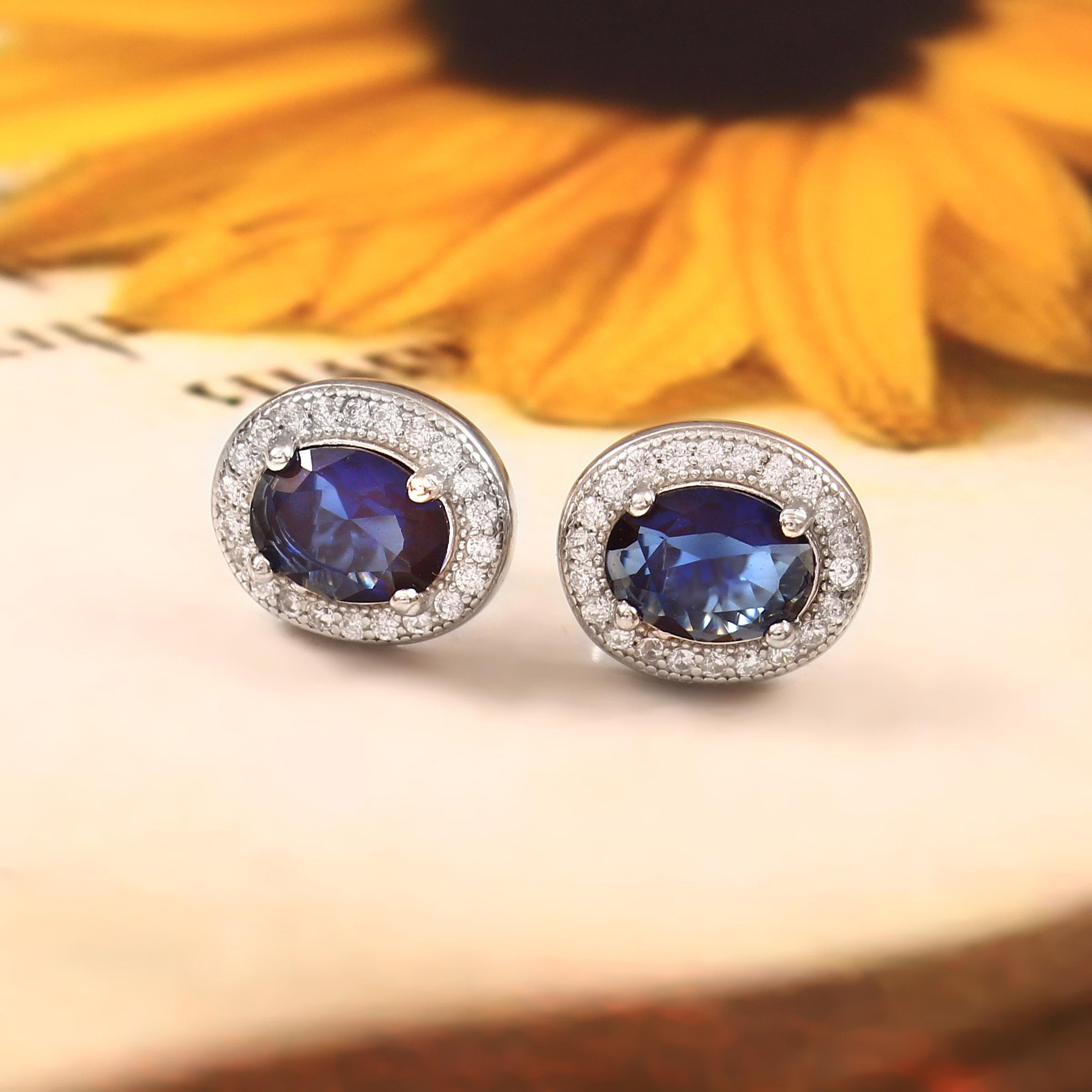 Blue Sapphire Sterling Silver Stud Earrings, Art Deco Halo