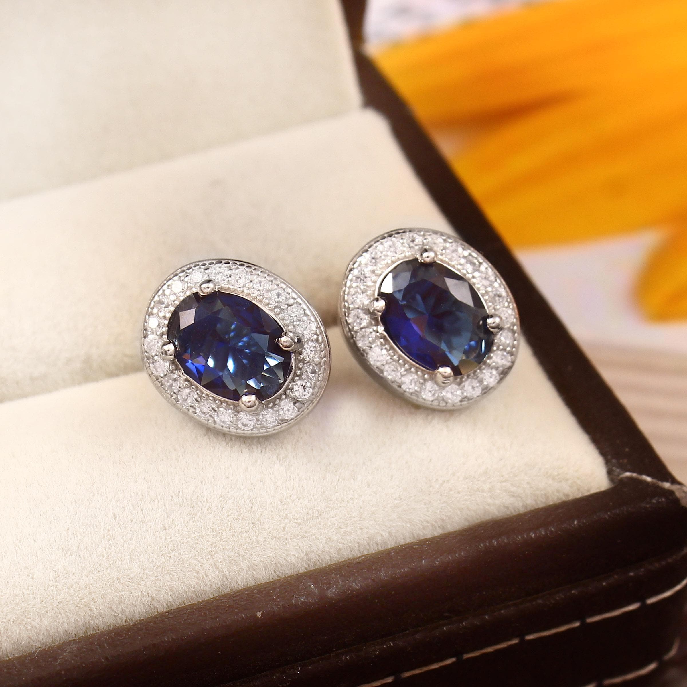 Blue Sapphire Sterling Silver Stud Earrings, Art Deco Halo