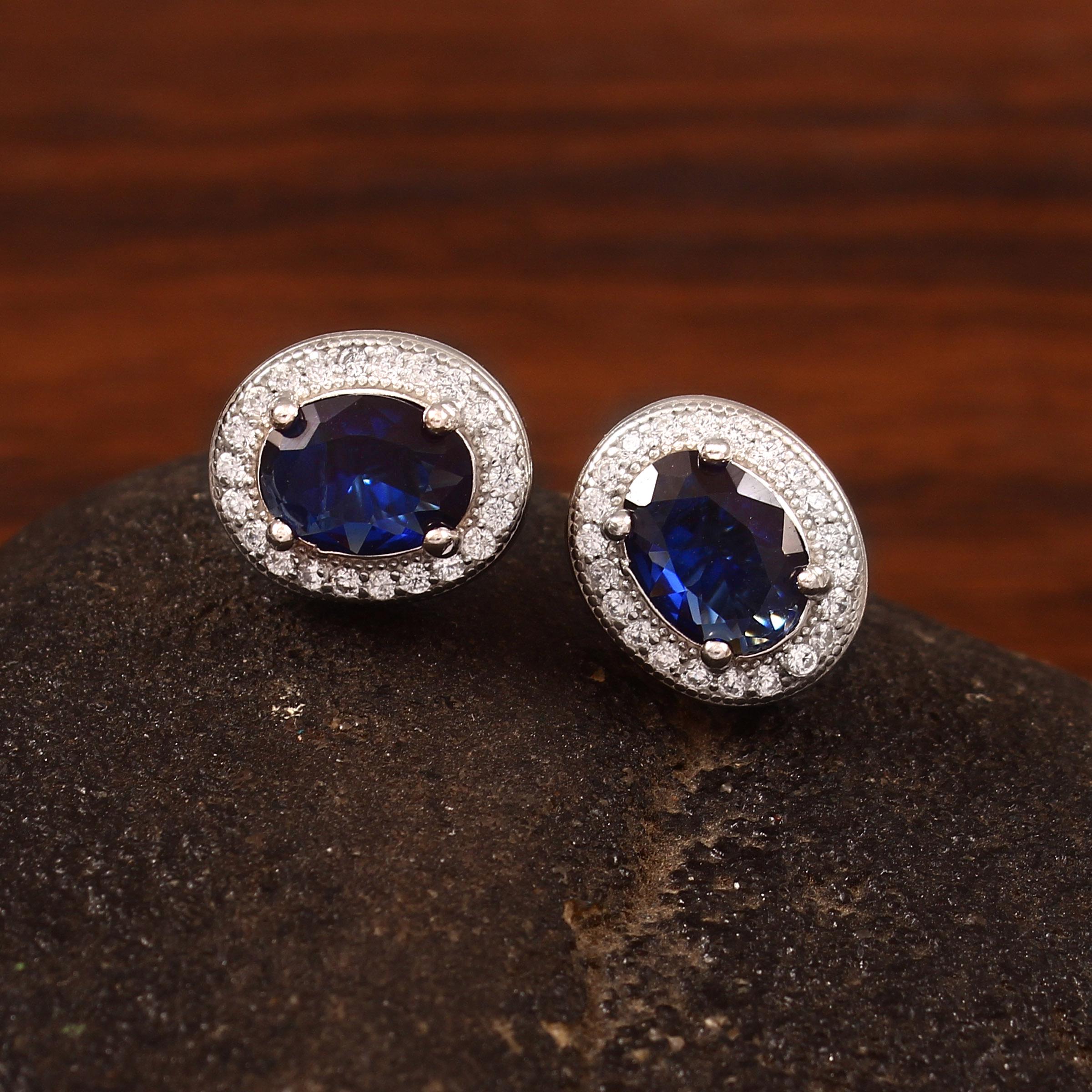Blue Sapphire Sterling Silver Stud Earrings, Art Deco Halo