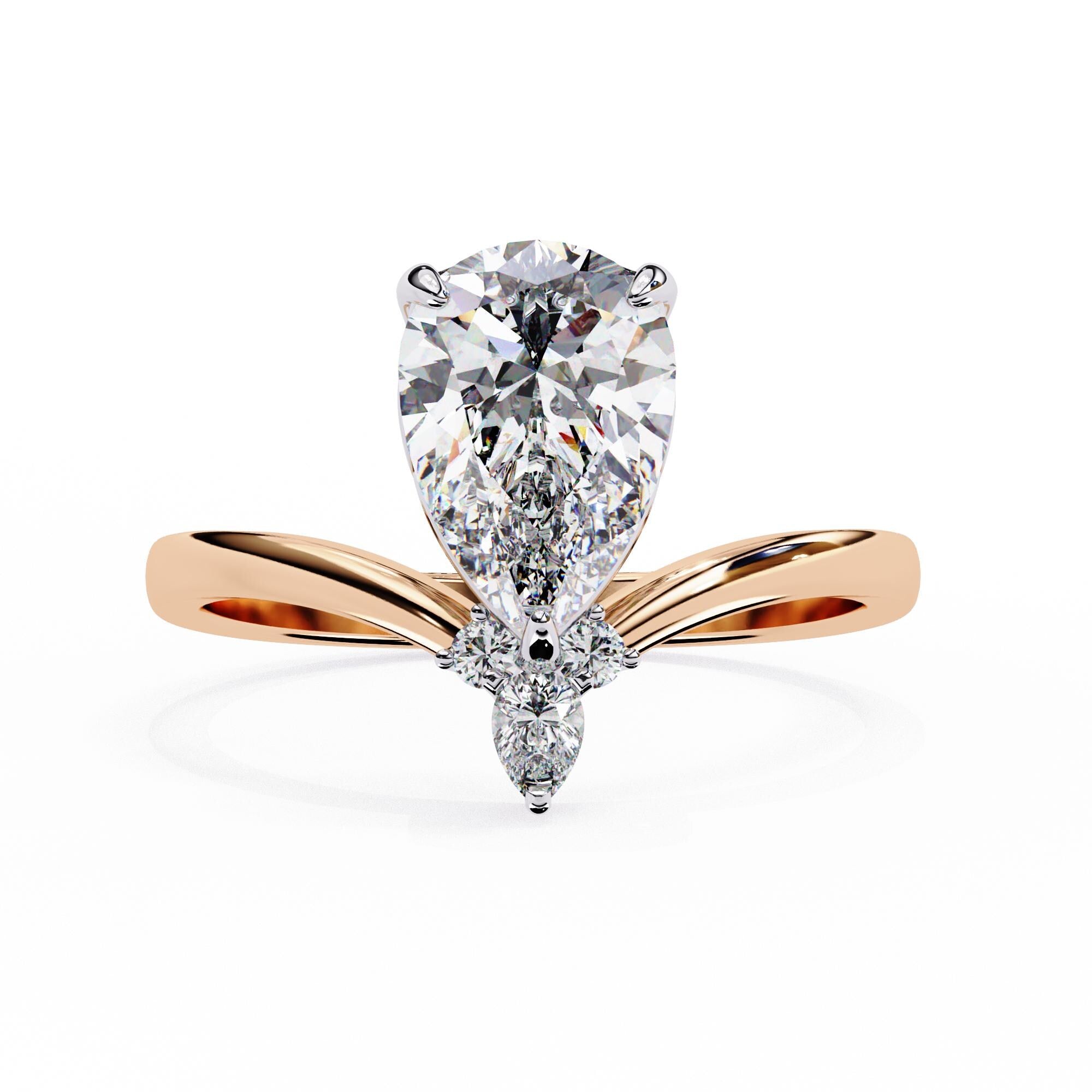 Pear Moissanite Engagement Ring, V-Shape Sterling Silver Band