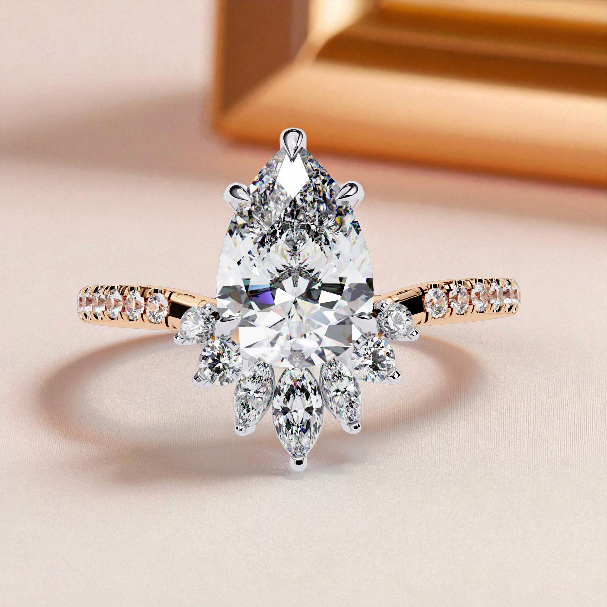 Pear Moissanite Sterling Silver Ring, Crown Teardrop Engagement Ring