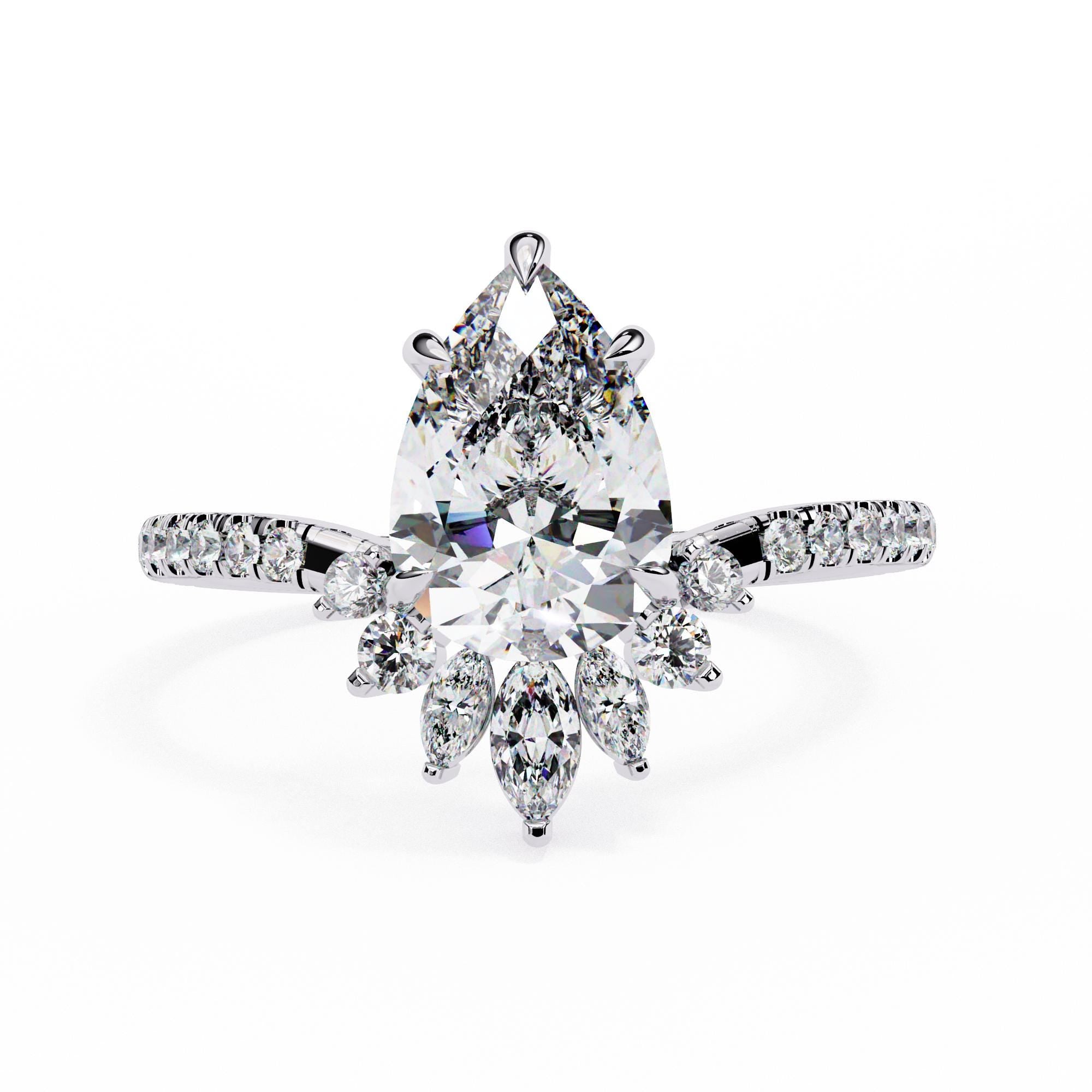 Pear Moissanite Sterling Silver Ring, Crown Teardrop Engagement Ring