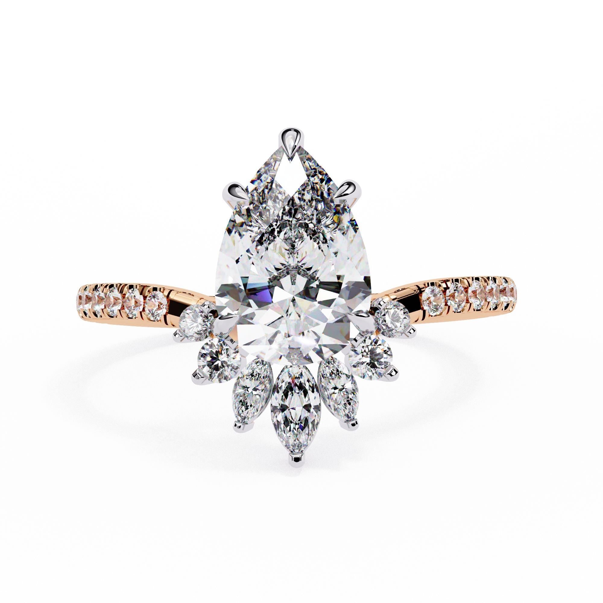 Pear Moissanite Sterling Silver Ring, Crown Teardrop Engagement Ring