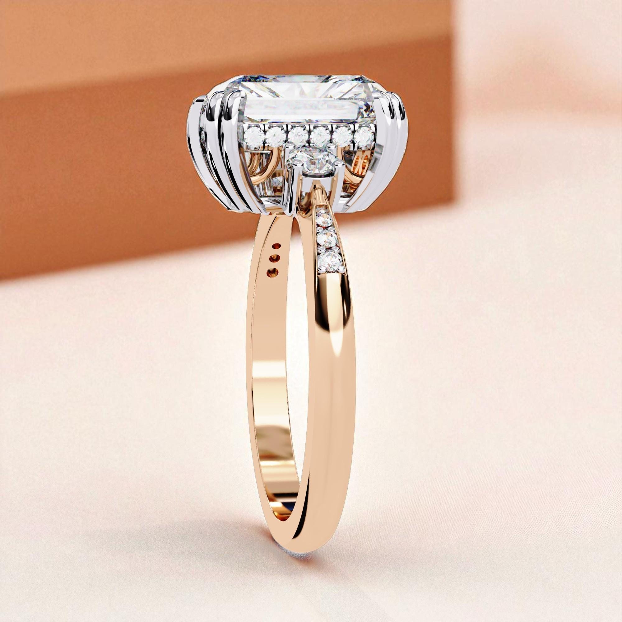 Radiant Cut Moissanite Engagement Ring, Hidden Halo, Sterling Silver