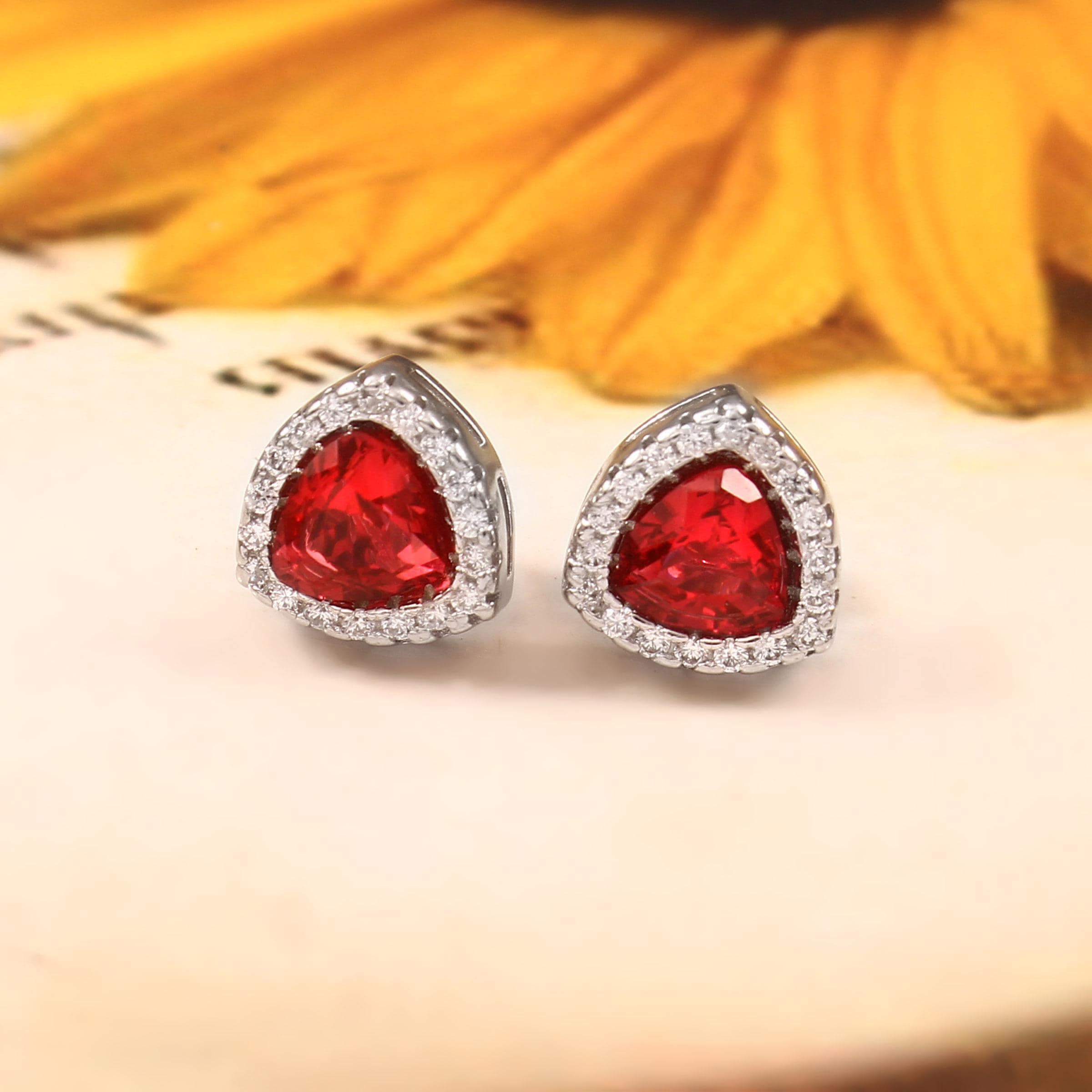 Trilliant Ruby Stud Earrings, Sterling Silver Halo, Dainty Statement Art Deco Style