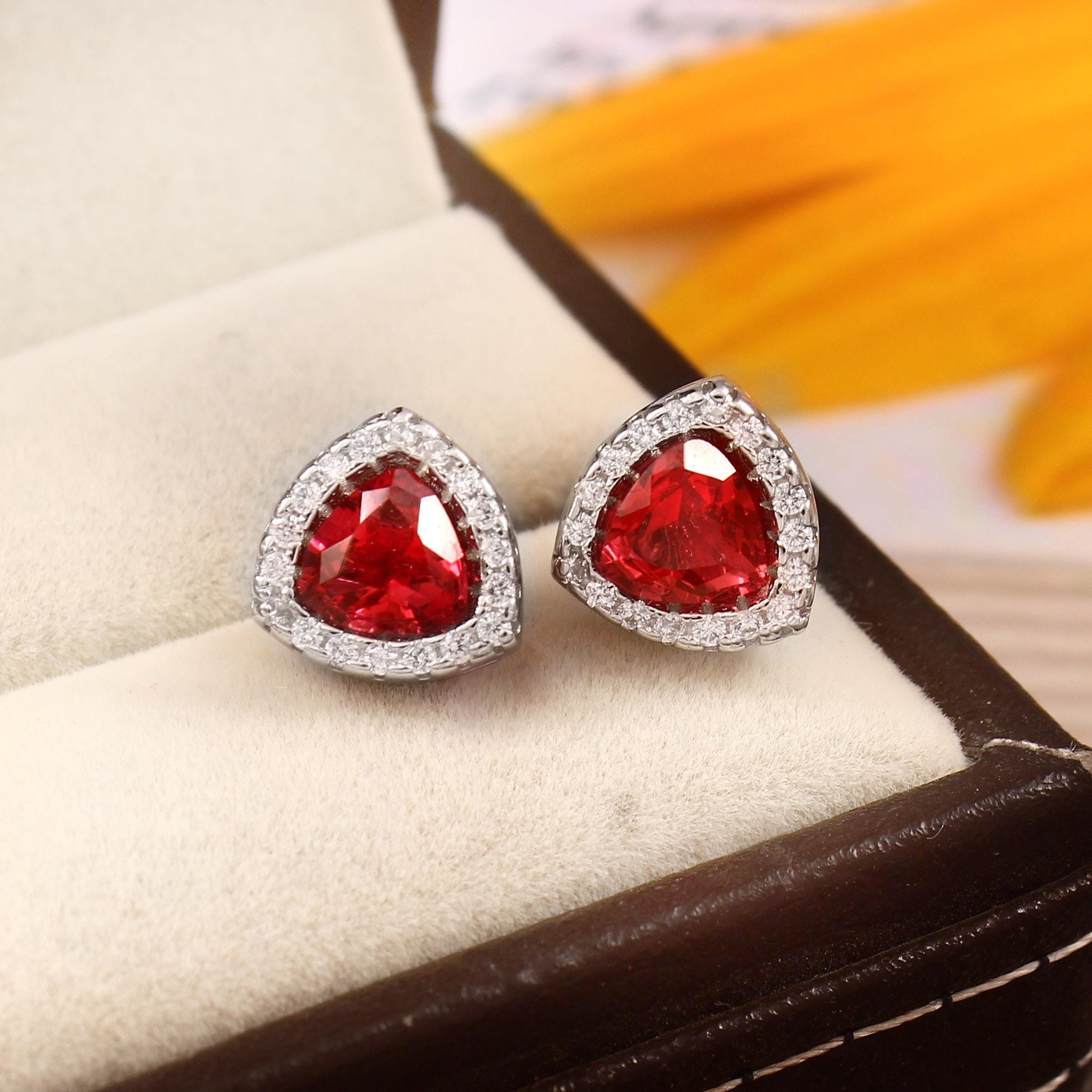 Trilliant Ruby Stud Earrings, Sterling Silver Halo, Dainty Statement Art Deco Style