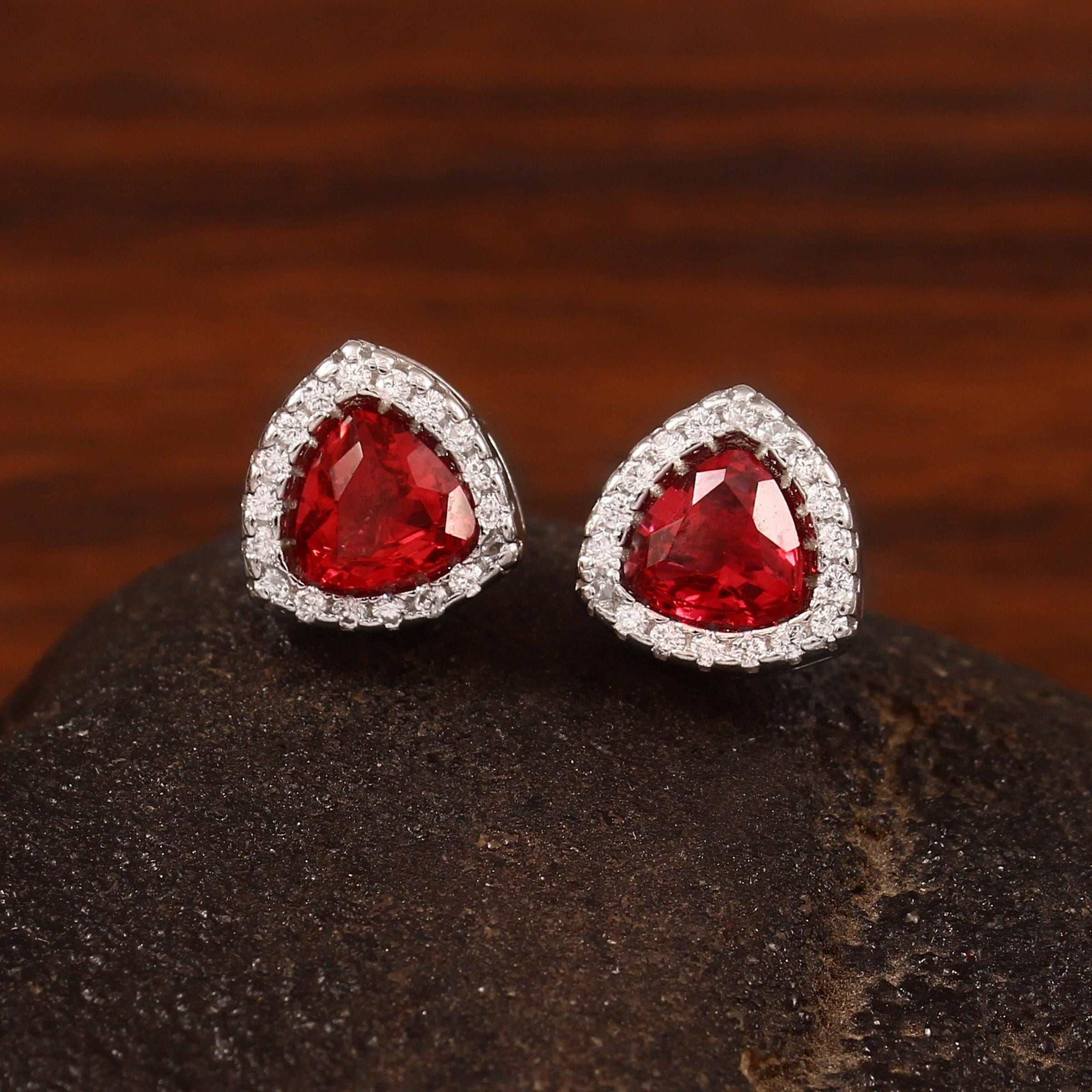 Trilliant Ruby Stud Earrings, Sterling Silver Halo, Dainty Statement Art Deco Style
