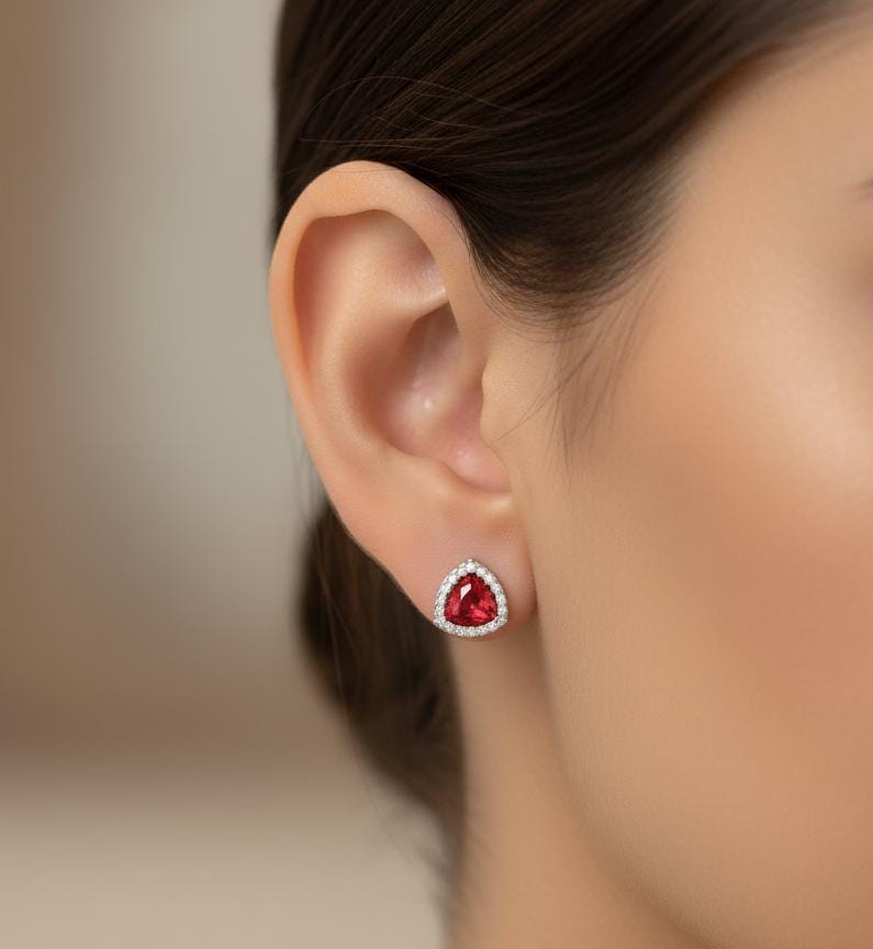 Trilliant Ruby Stud Earrings, Sterling Silver Halo, Dainty Statement Art Deco Style
