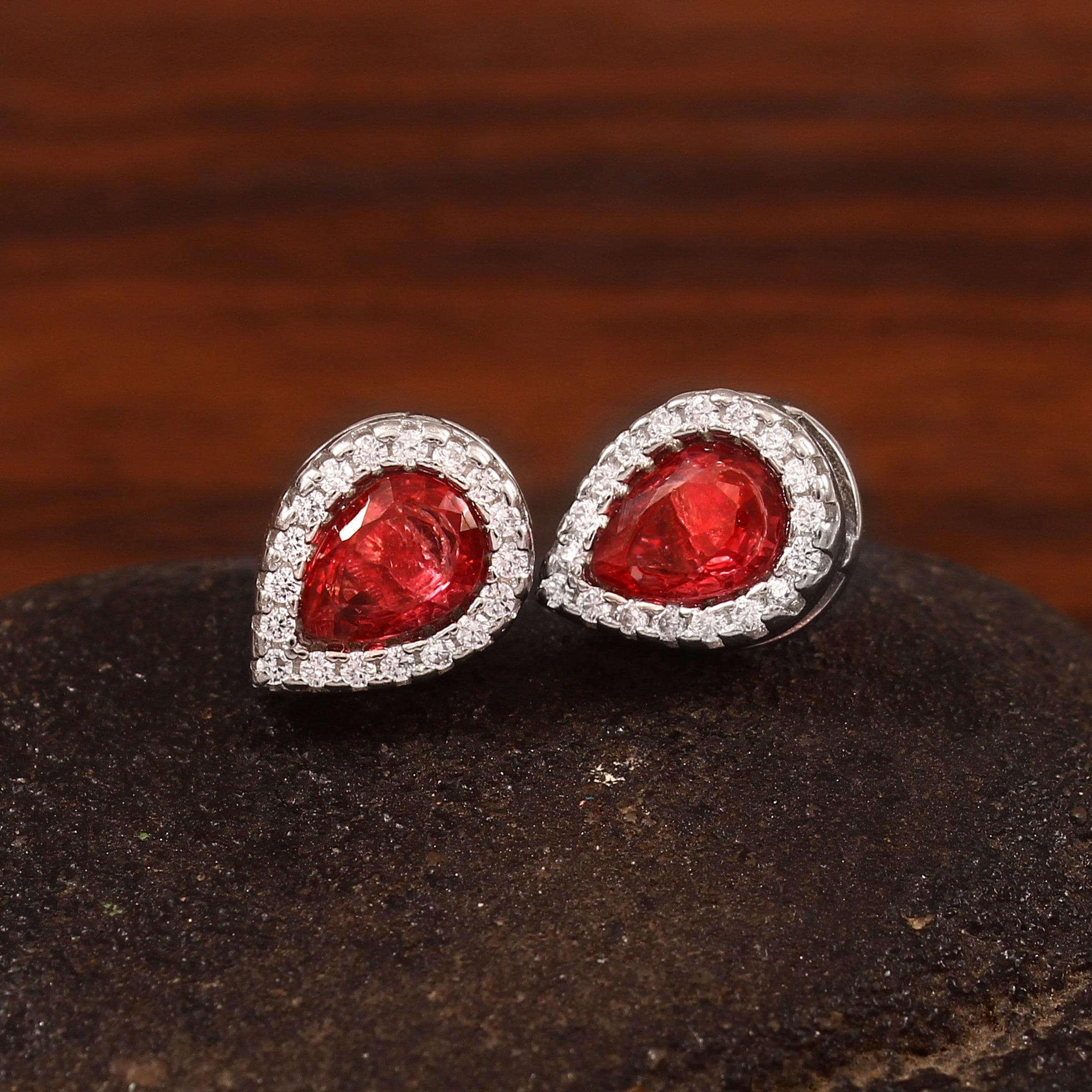 Pear Ruby Sterling Silver Earrings, Art Deco Halo Studs