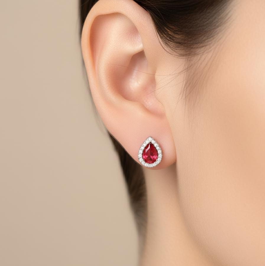 Pear Ruby Sterling Silver Earrings, Art Deco Halo Studs