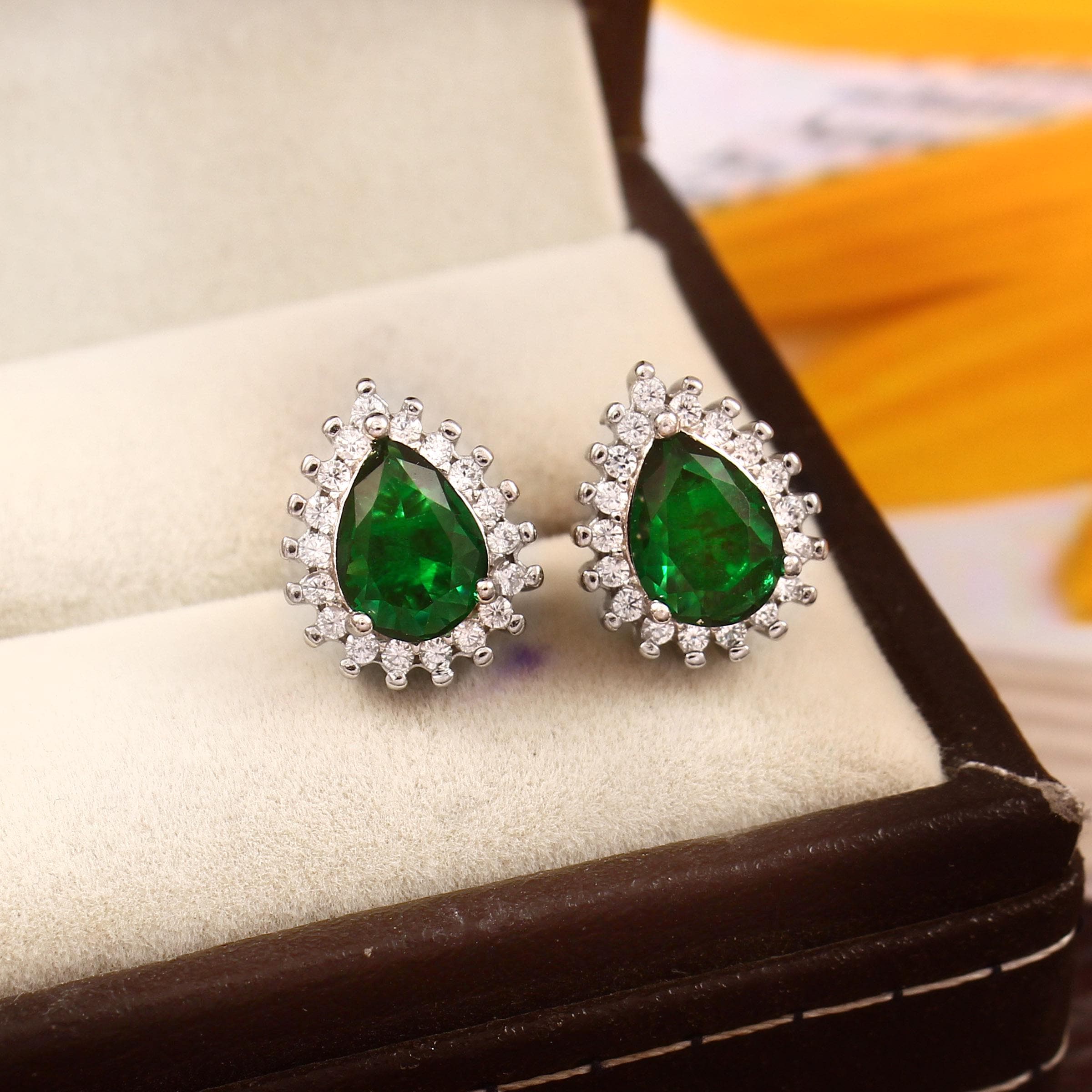 Emerald Halo Stud Earrings, Art Deco Sterling Silver Anniversary Jewelry