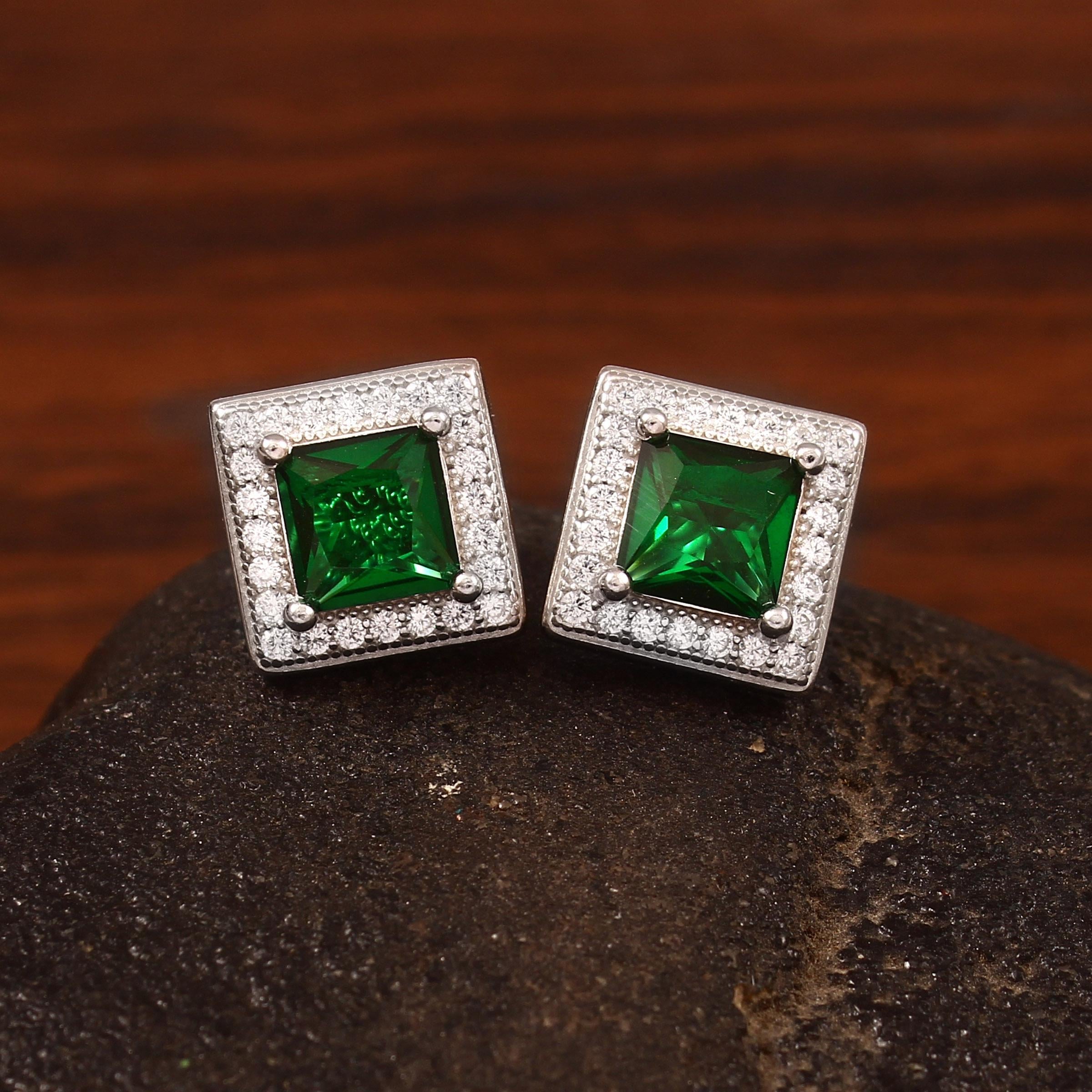 Emerald Stud Earrings, 925 Sterling Silver Art Deco Halo