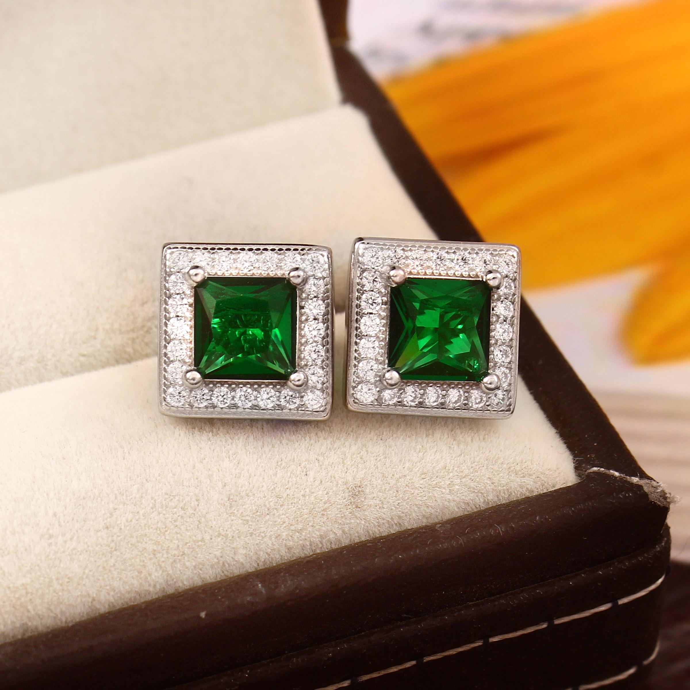 Emerald Stud Earrings, 925 Sterling Silver Art Deco Halo