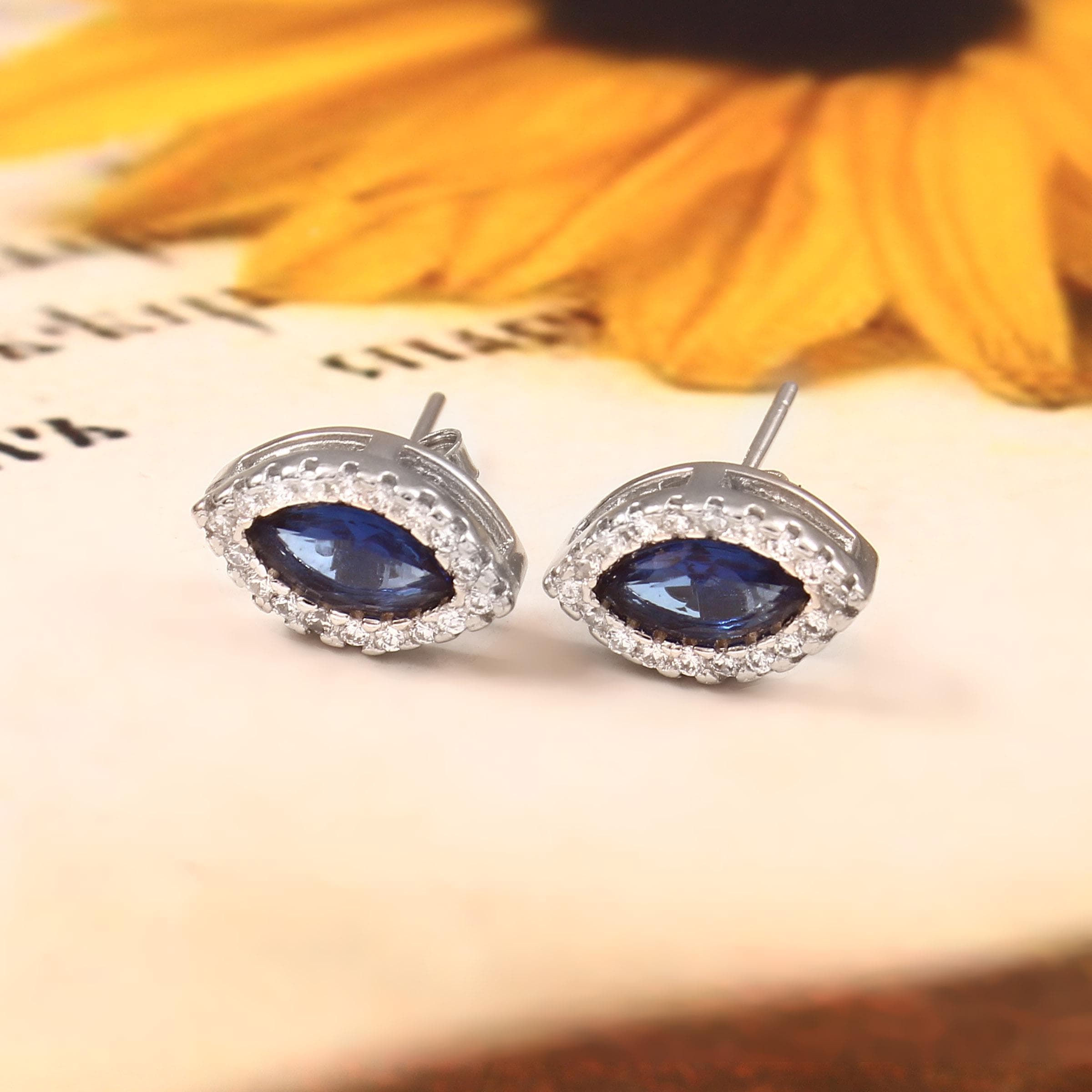 Marquise Halo Blue Sapphire Sterling Silver Stud Earrings