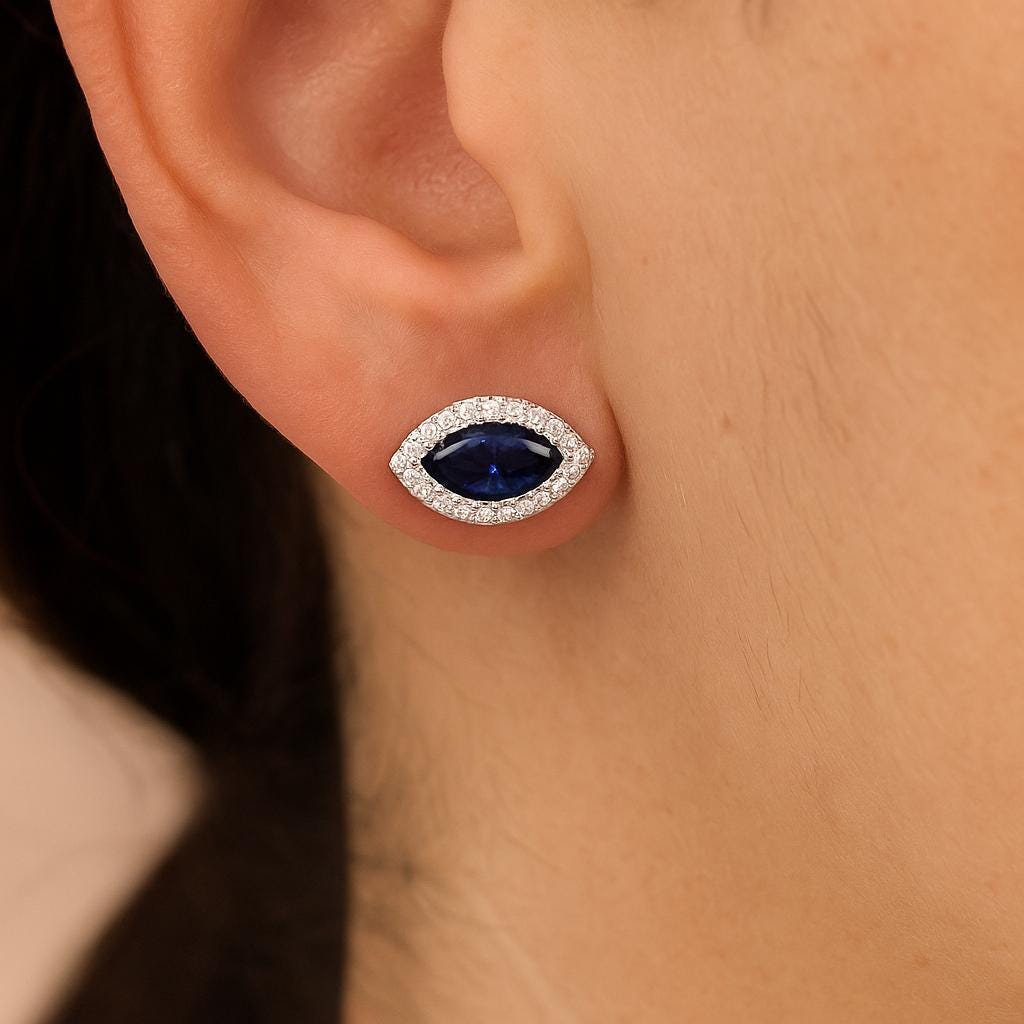 Marquise Halo Blue Sapphire Sterling Silver Stud Earrings