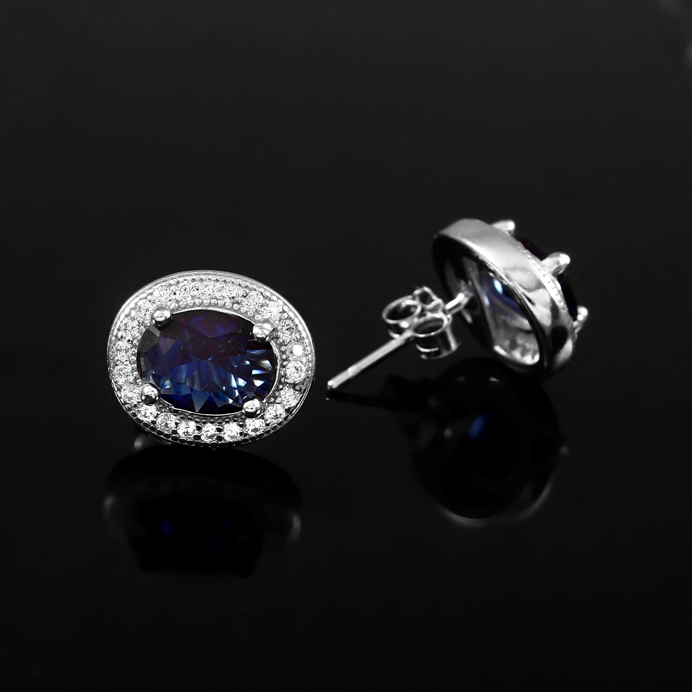 Blue Sapphire Sterling Silver Stud Earrings, Art Deco Halo