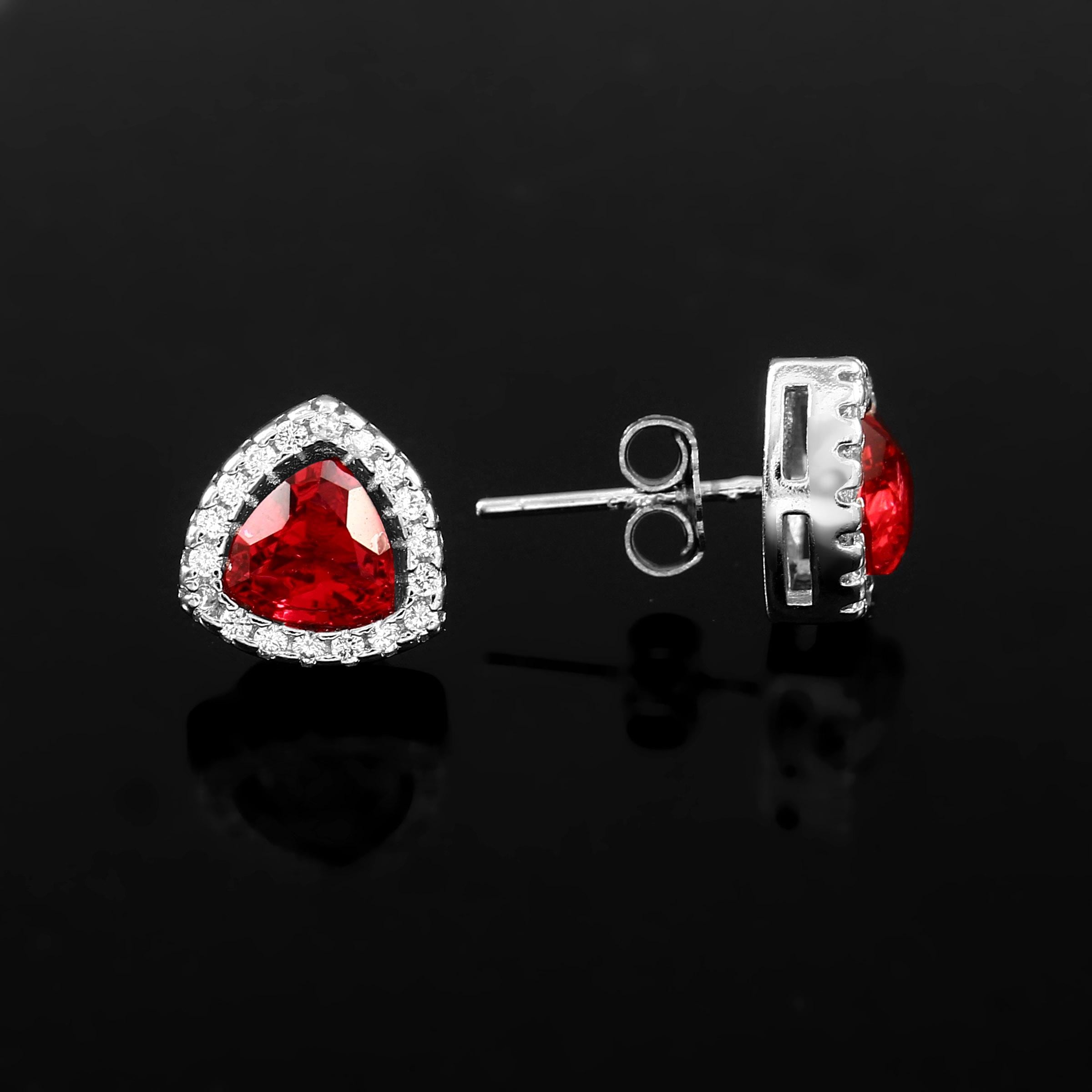 Trilliant Ruby Stud Earrings, Sterling Silver Halo, Dainty Statement Art Deco Style