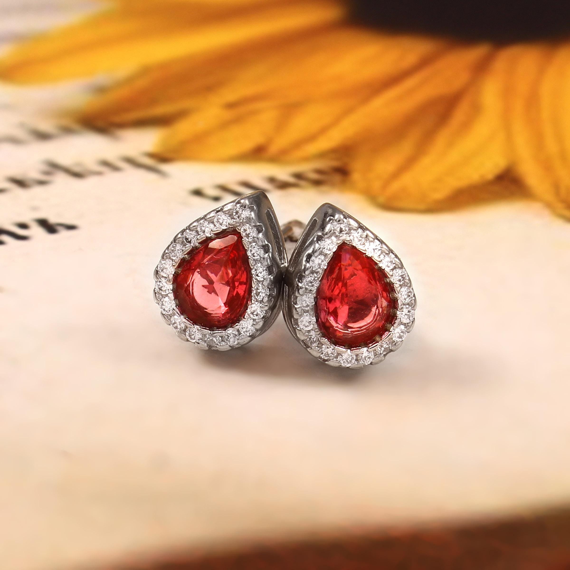 Pear Ruby Sterling Silver Earrings, Art Deco Halo Studs