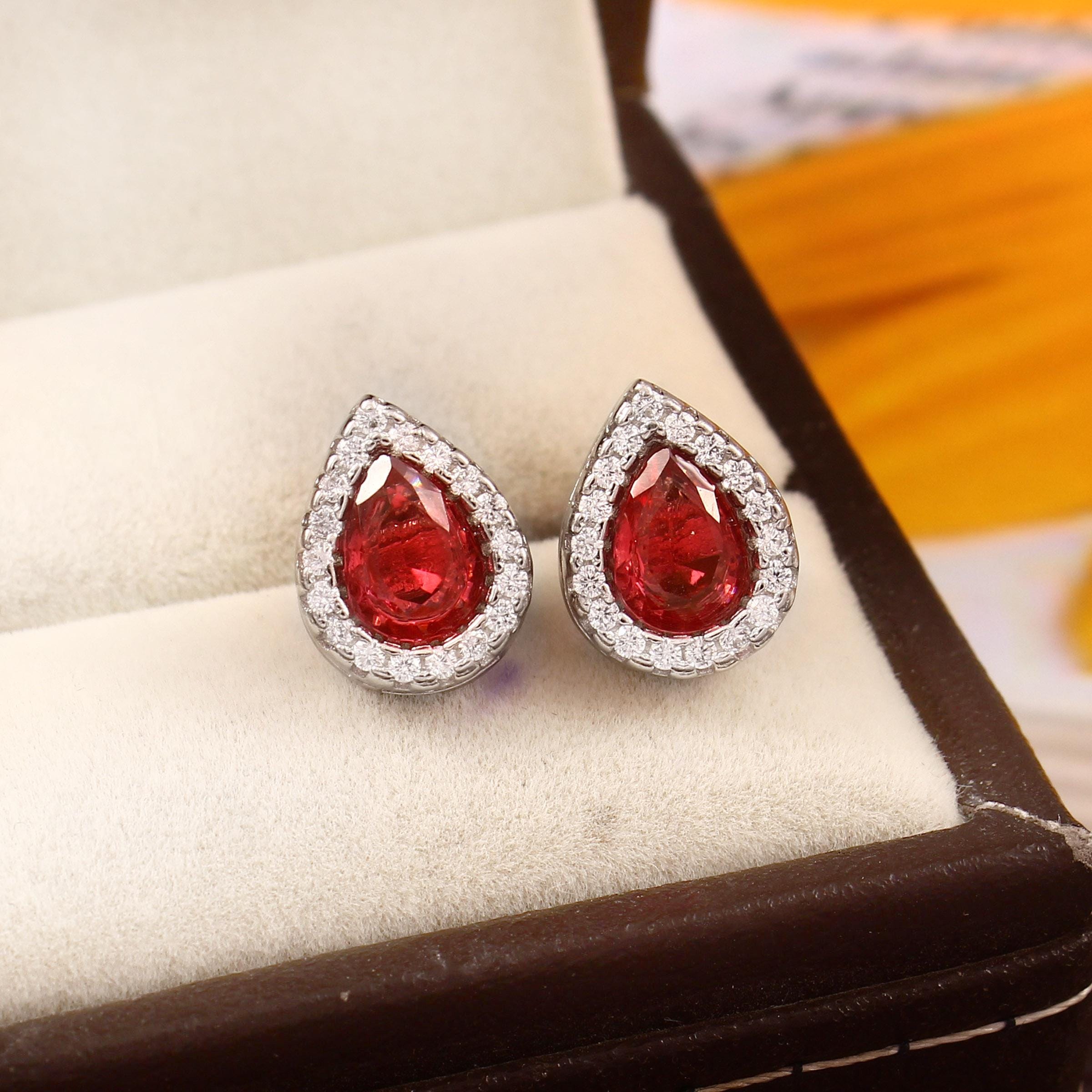 Pear Ruby Sterling Silver Earrings, Art Deco Halo Studs