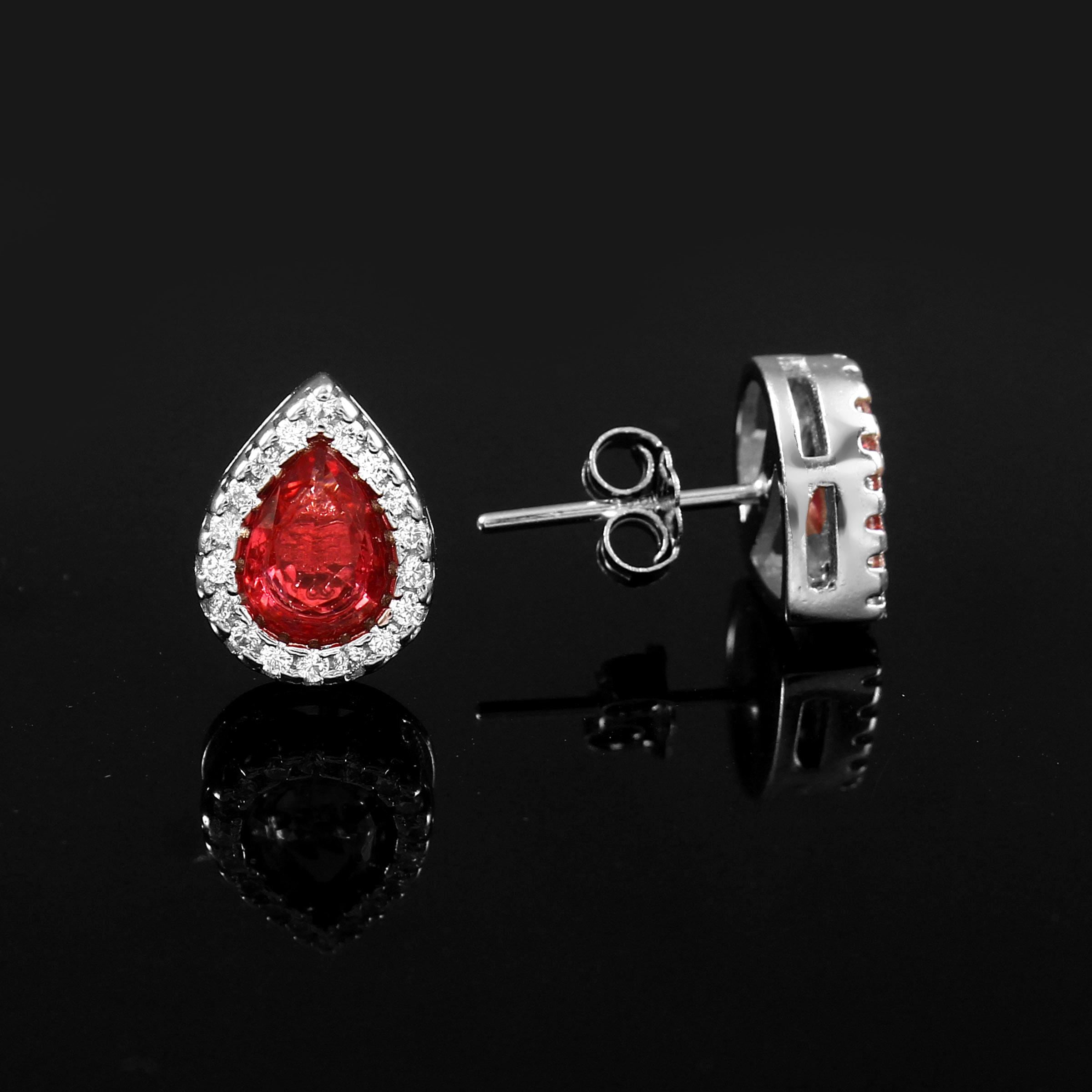 Pear Ruby Sterling Silver Earrings, Art Deco Halo Studs