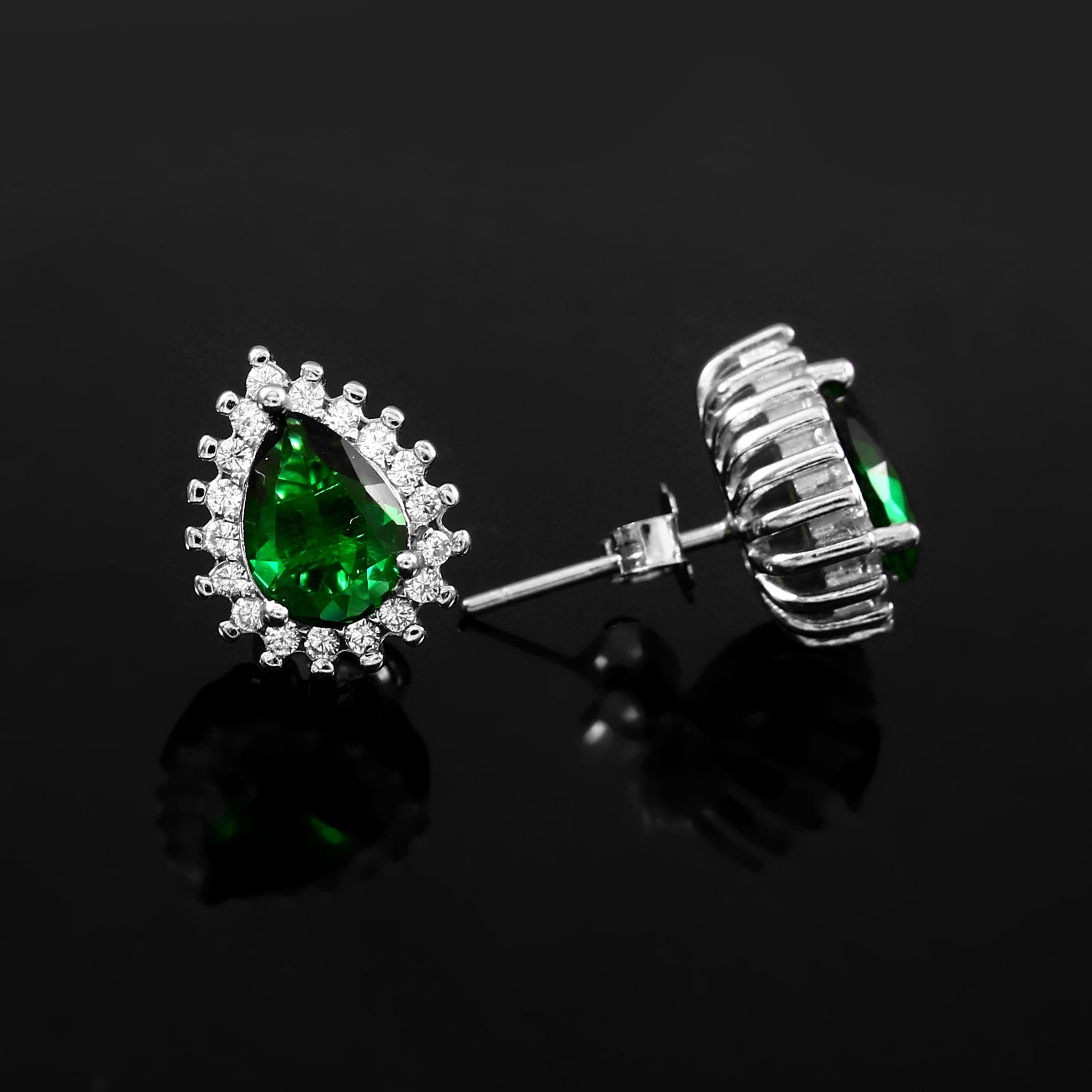 Emerald Halo Stud Earrings, Art Deco Sterling Silver Anniversary Jewelry