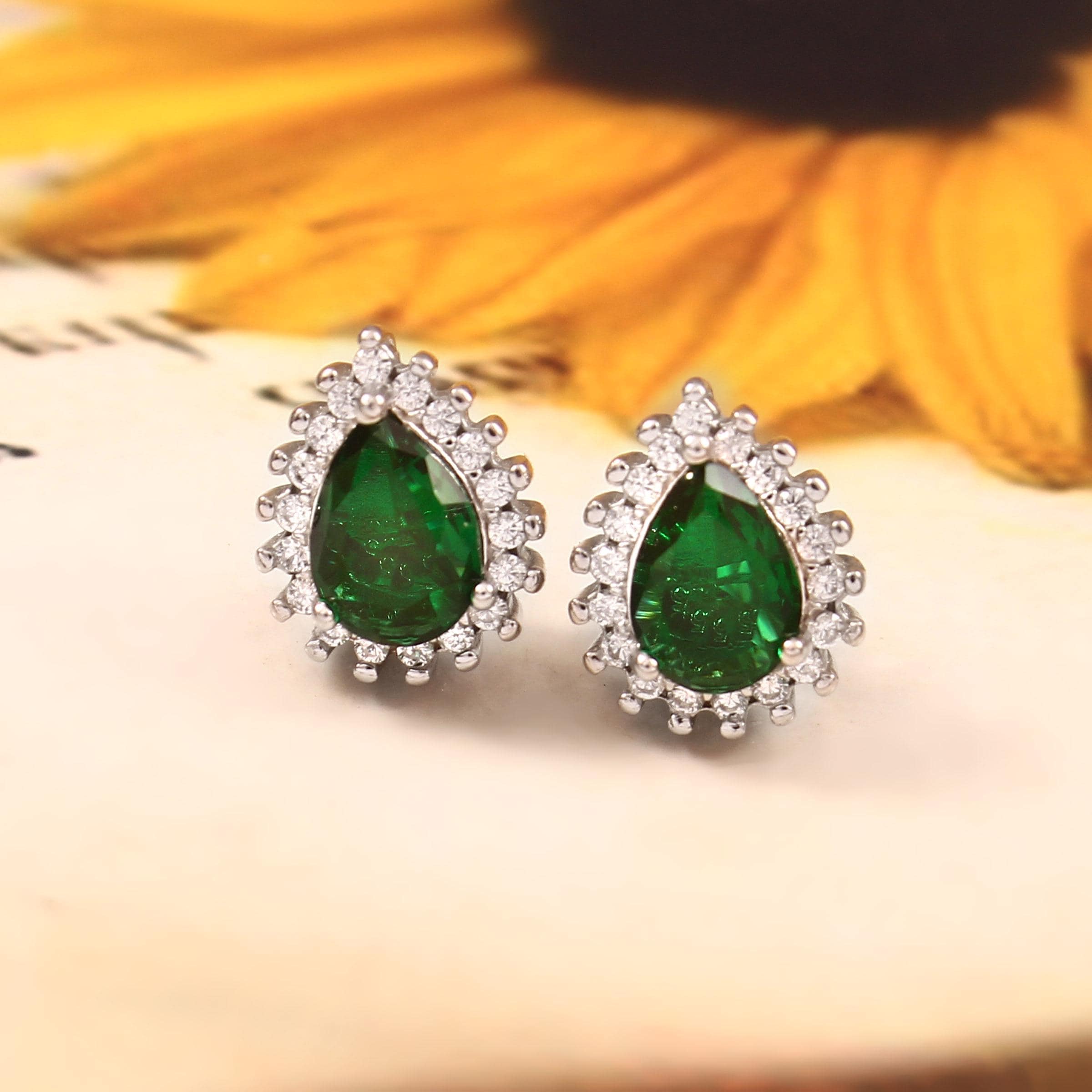 Emerald Halo Stud Earrings, Art Deco Sterling Silver Anniversary Jewelry