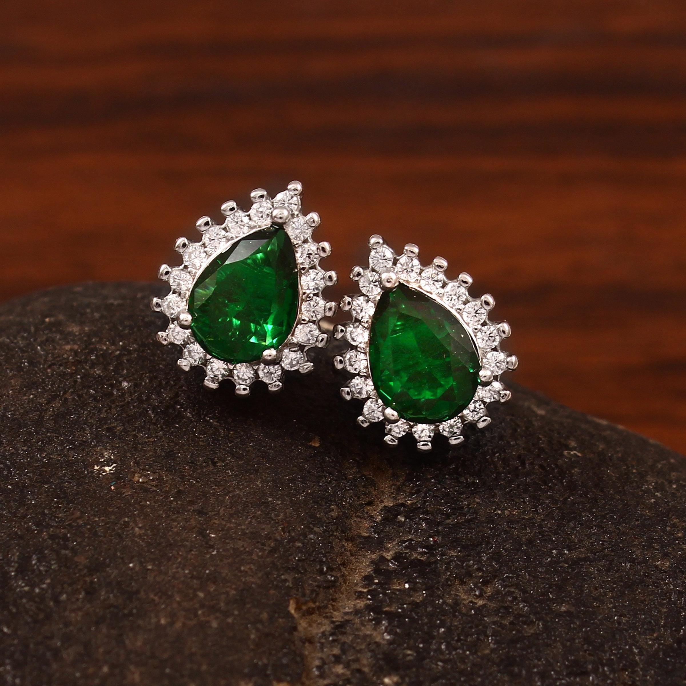 Emerald Halo Stud Earrings, Art Deco Sterling Silver Anniversary Jewelry