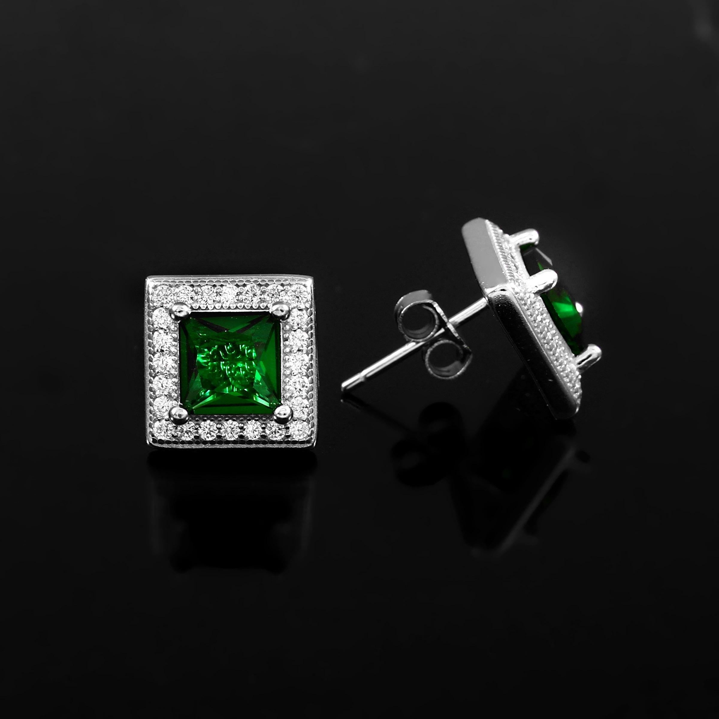 Emerald Stud Earrings, 925 Sterling Silver Art Deco Halo