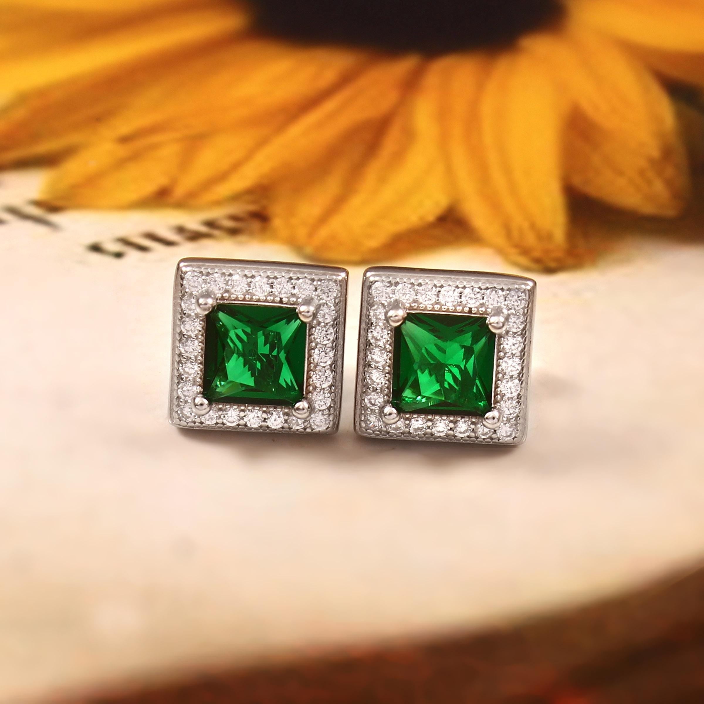 Emerald Stud Earrings, 925 Sterling Silver Art Deco Halo
