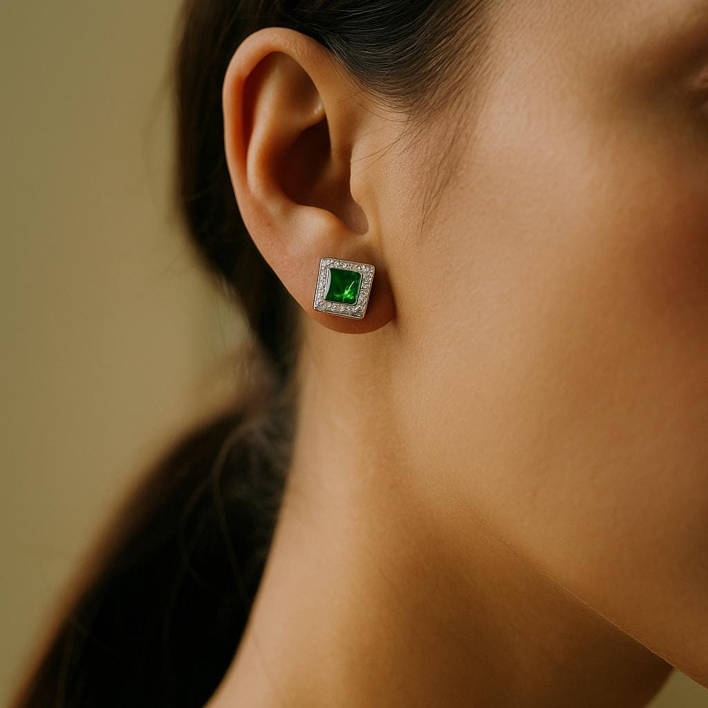 Emerald Stud Earrings, 925 Sterling Silver Art Deco Halo