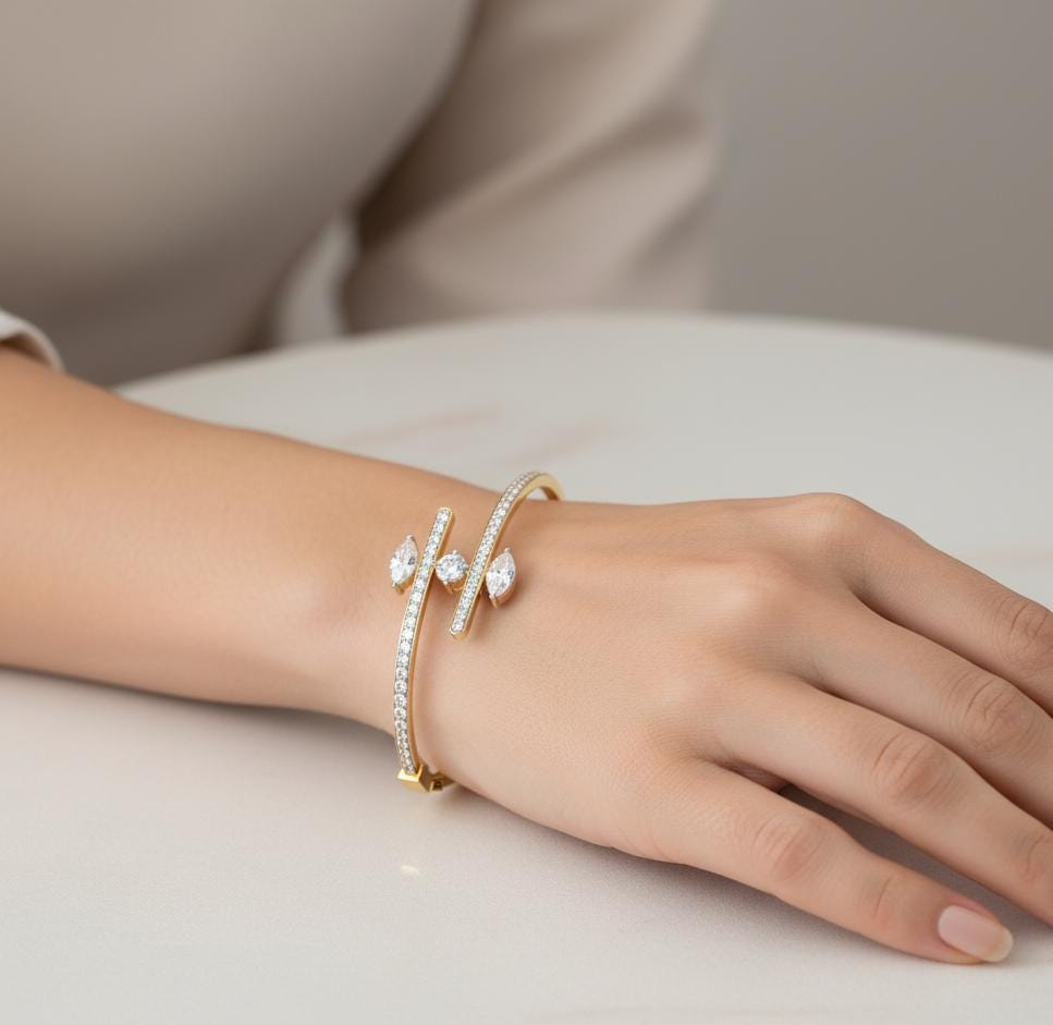 Handmade Moissanite Sterling Silver Bypass Bangle Bracelet