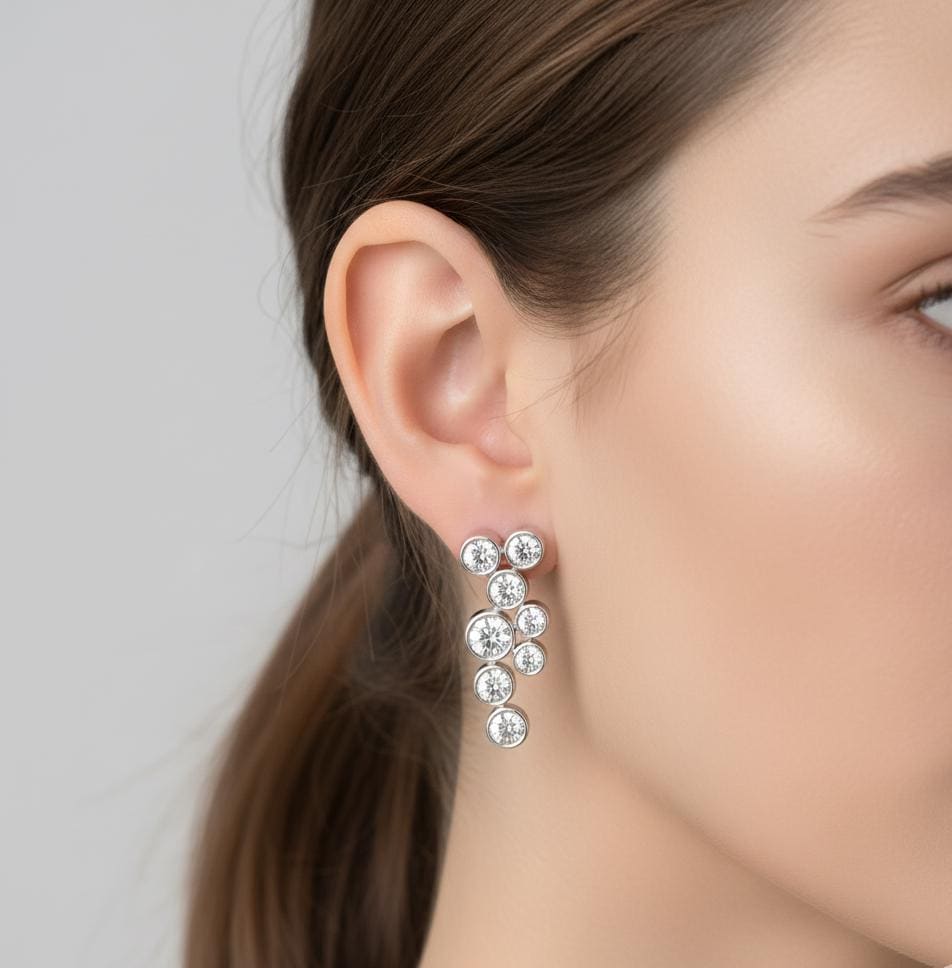 Moissanite Cluster Dangle Earrings, Sterling Silver Bezel Set