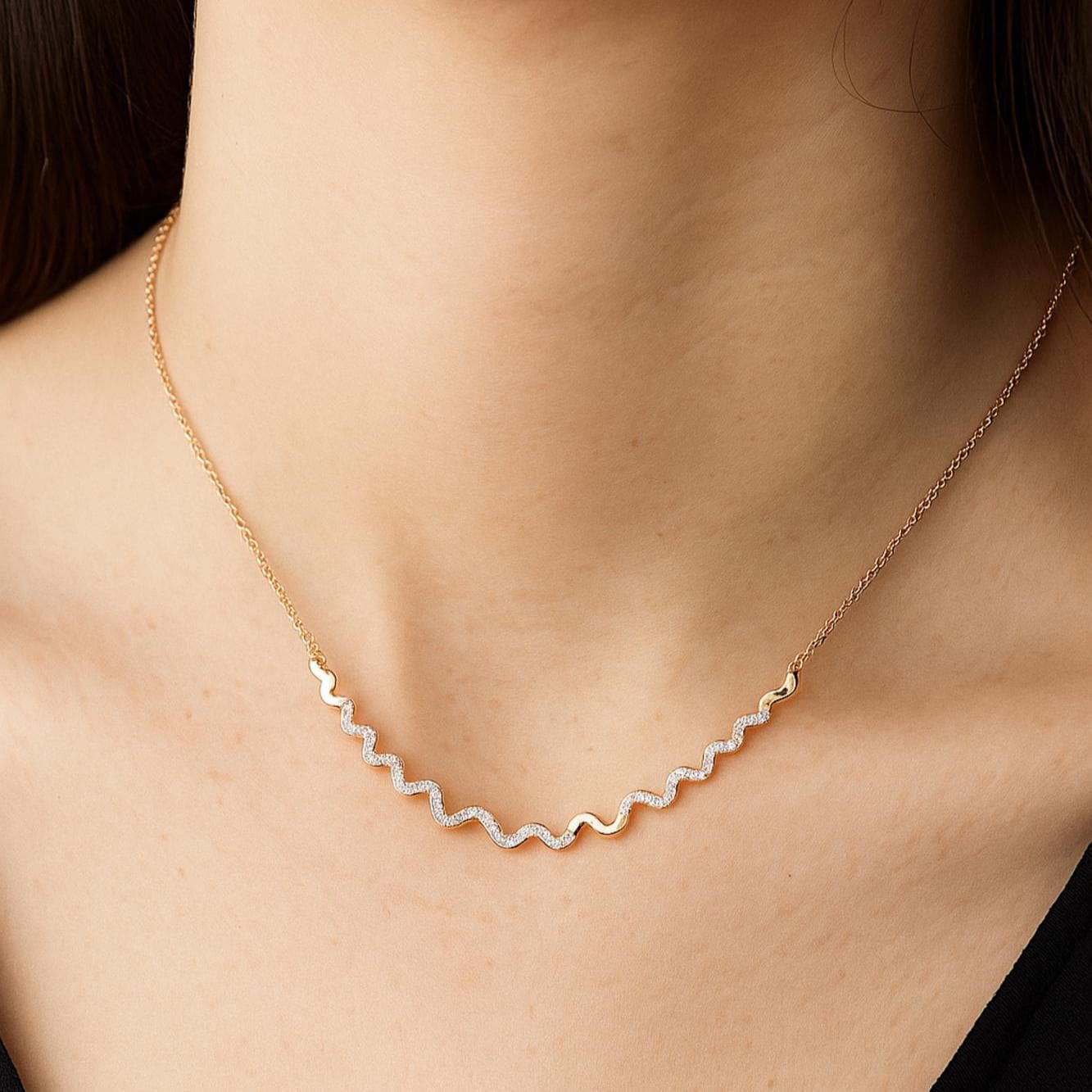 Moissanite Wave Necklace, 925 Sterling Silver, Dainty Handmade Pendant