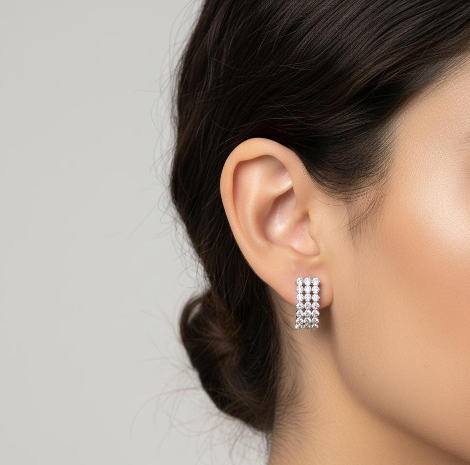Moissanite Half Hoop Earrings, Sterling Silver Pave Set