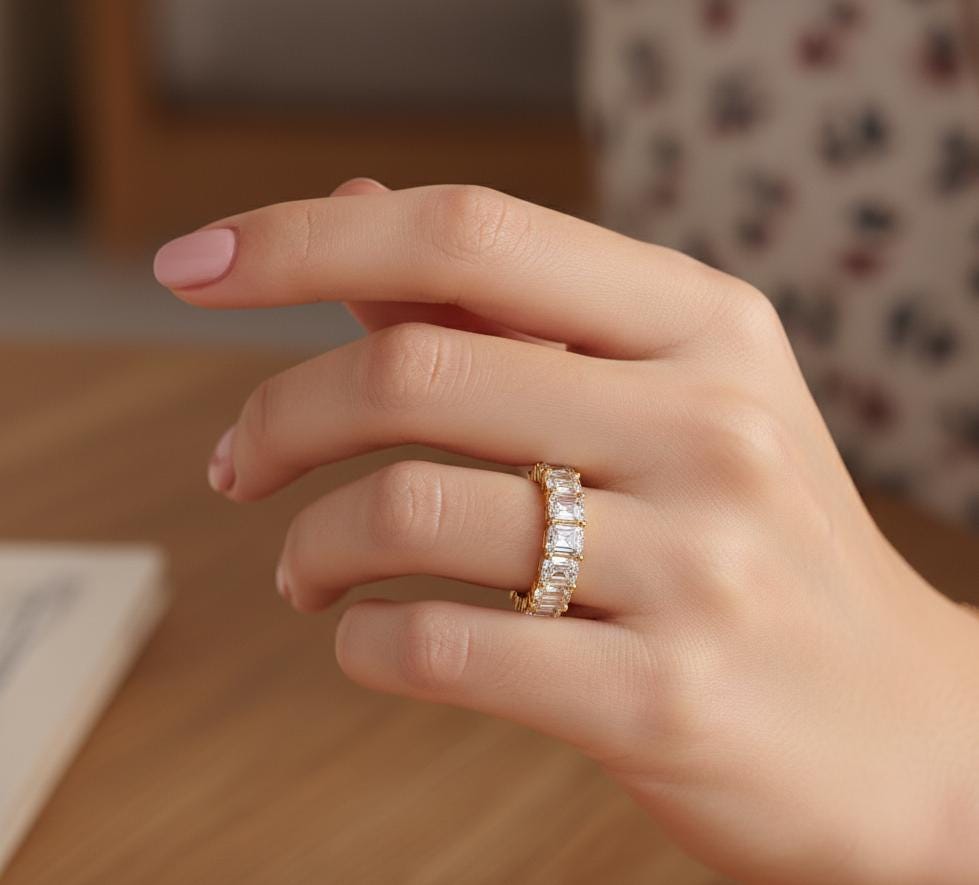 Emerald Cut Moissanite Full Eternity Band, 925 Sterling Silver Wedding Ring