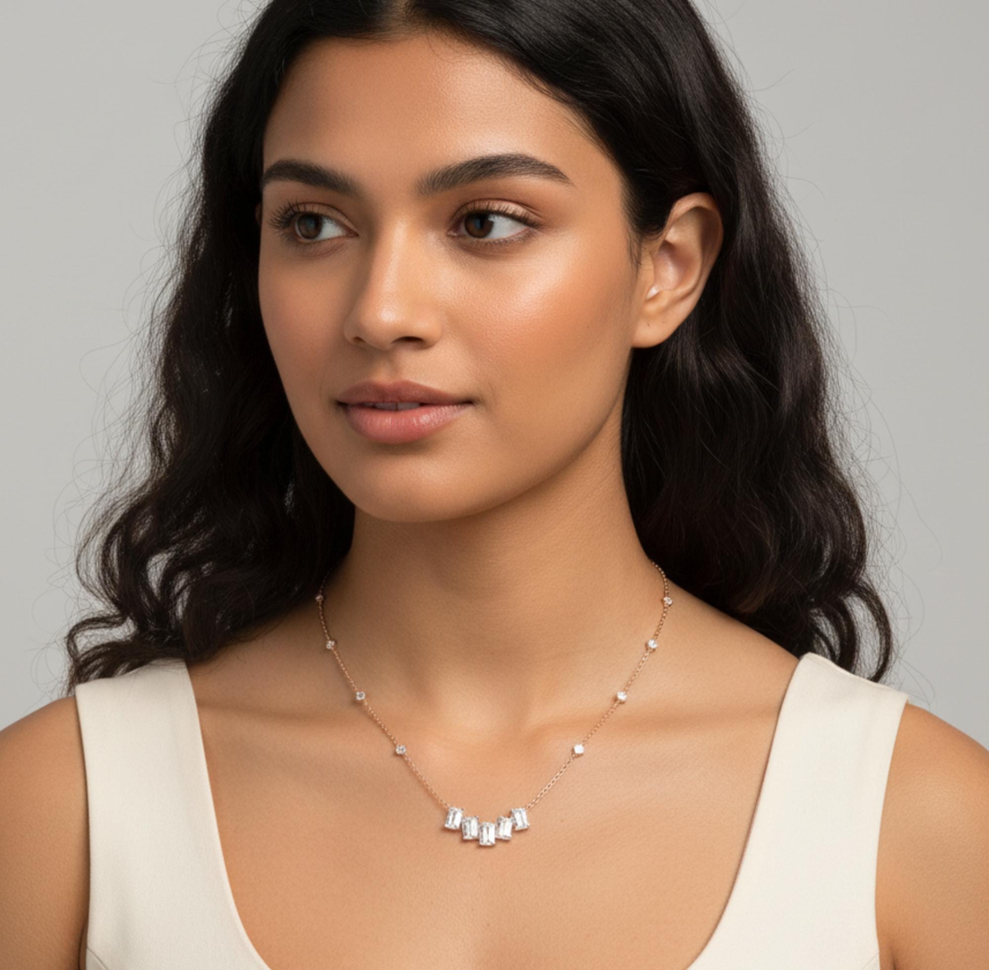 Moissanite Baguette Necklace, Sterling Silver Emerald Cut Cluster