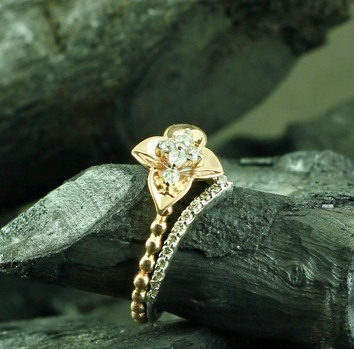 Floral Moissanite Sterling Silver Ring • Mixed Metal Accent Band