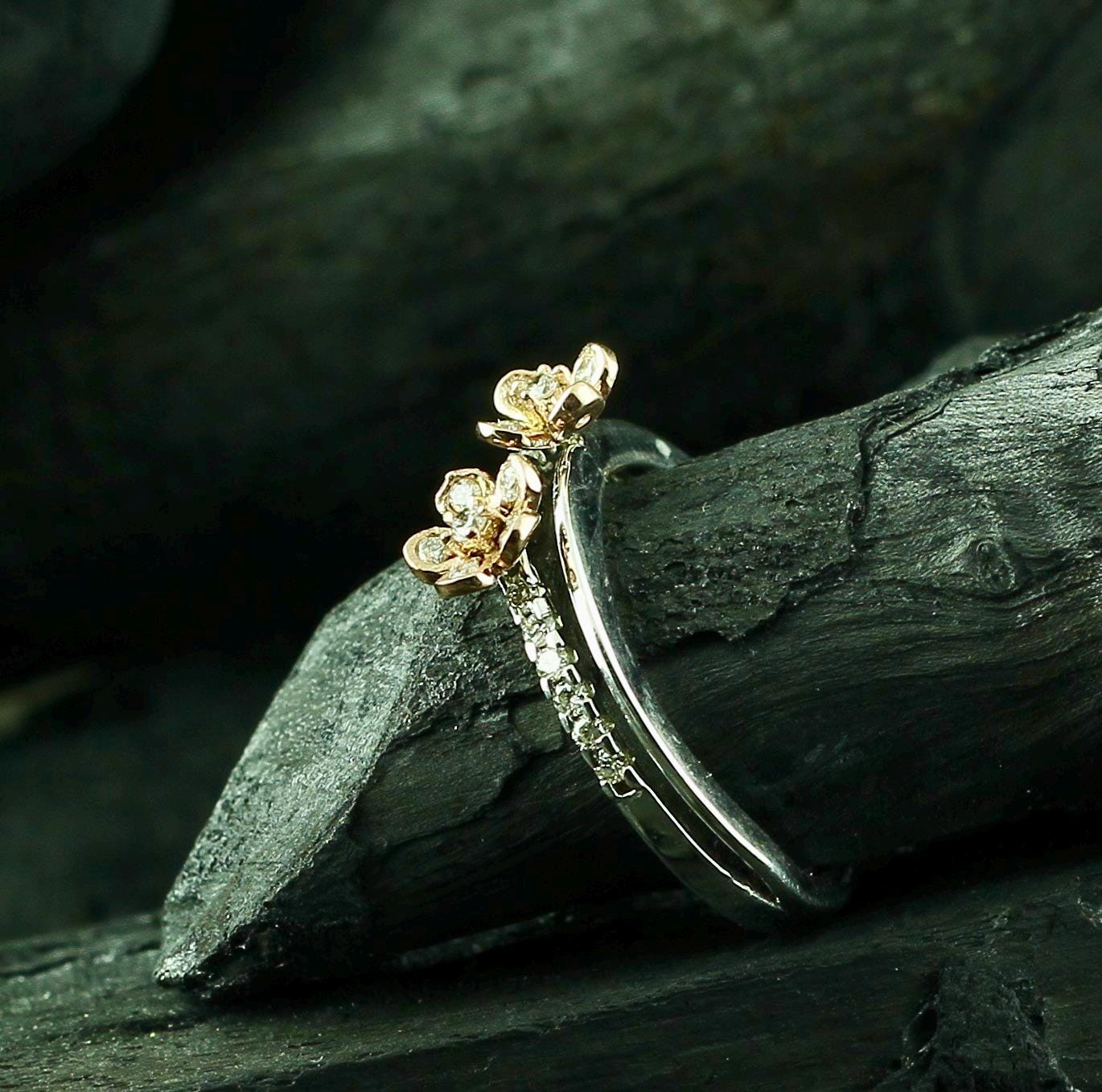 Floral Moissanite Ring • Sterling Silver Dual Flower Accent Band