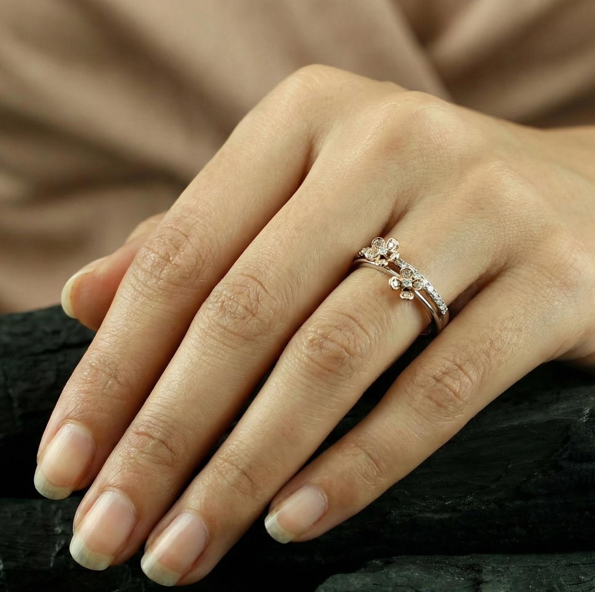 Floral Moissanite Ring • Sterling Silver Dual Flower Accent Band