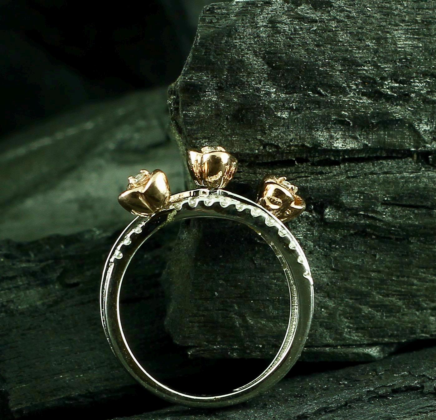 Moissanite Flower Ring • Two-Tone Sterling Silver Floral Band
