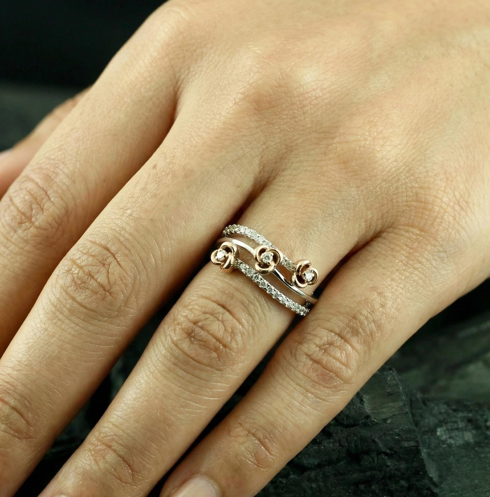 Moissanite Flower Ring • Two-Tone Sterling Silver Floral Band