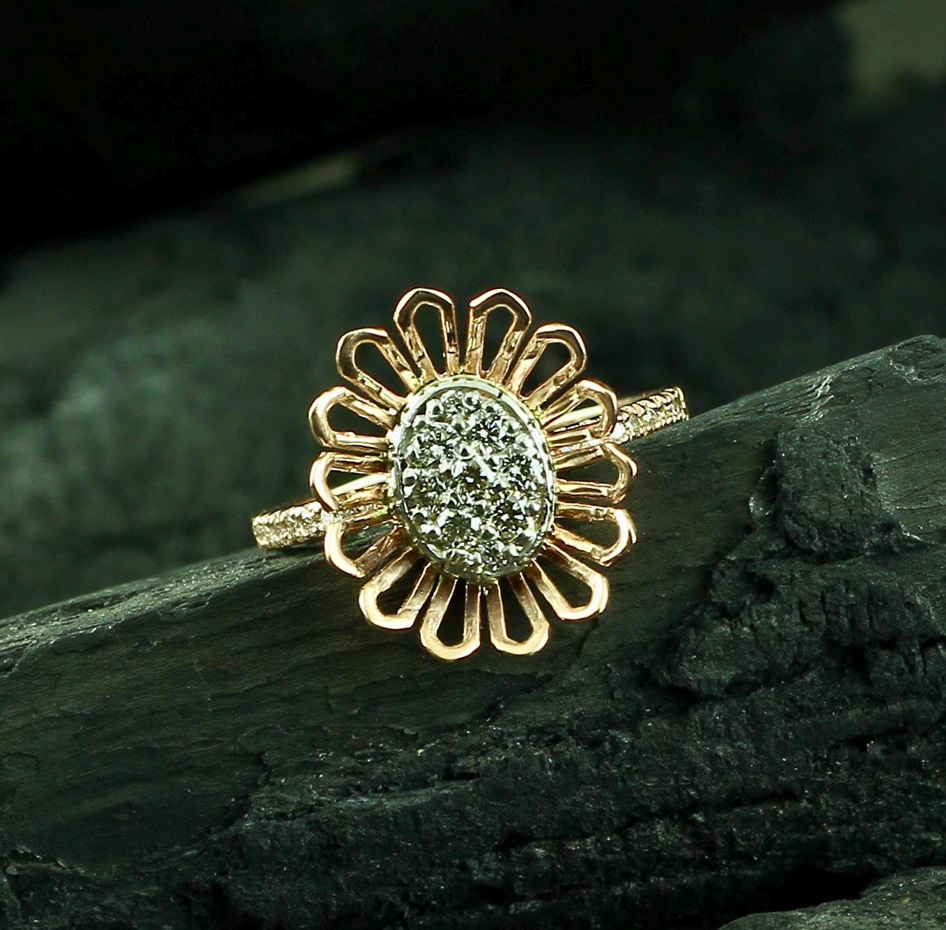 Sunflower Moissanite Ring • Sterling Silver Floral Pavé Band