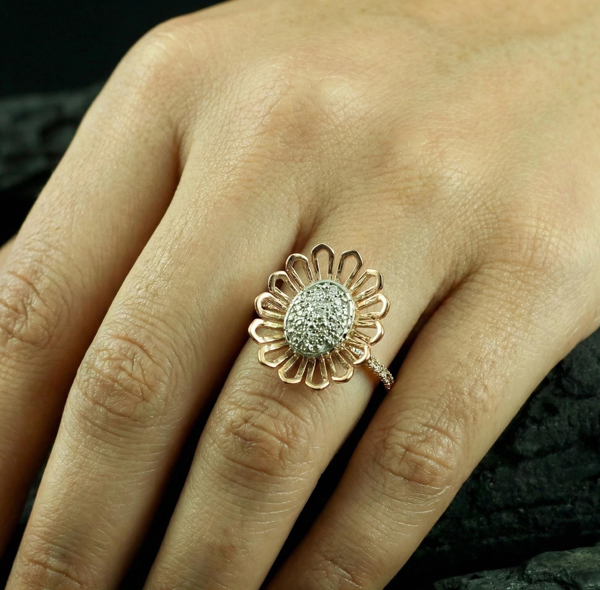 Sunflower Moissanite Ring • Sterling Silver Floral Pavé Band