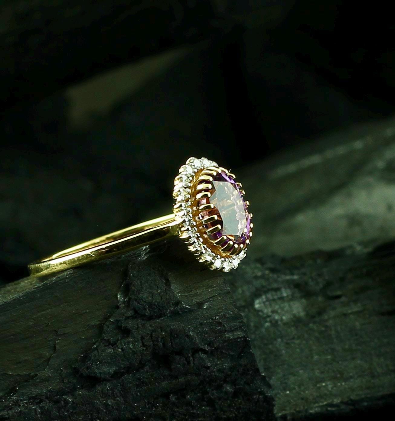 Oval Amethyst Sterling Silver Ring • Halo, Victorian, Moissanite Pavé