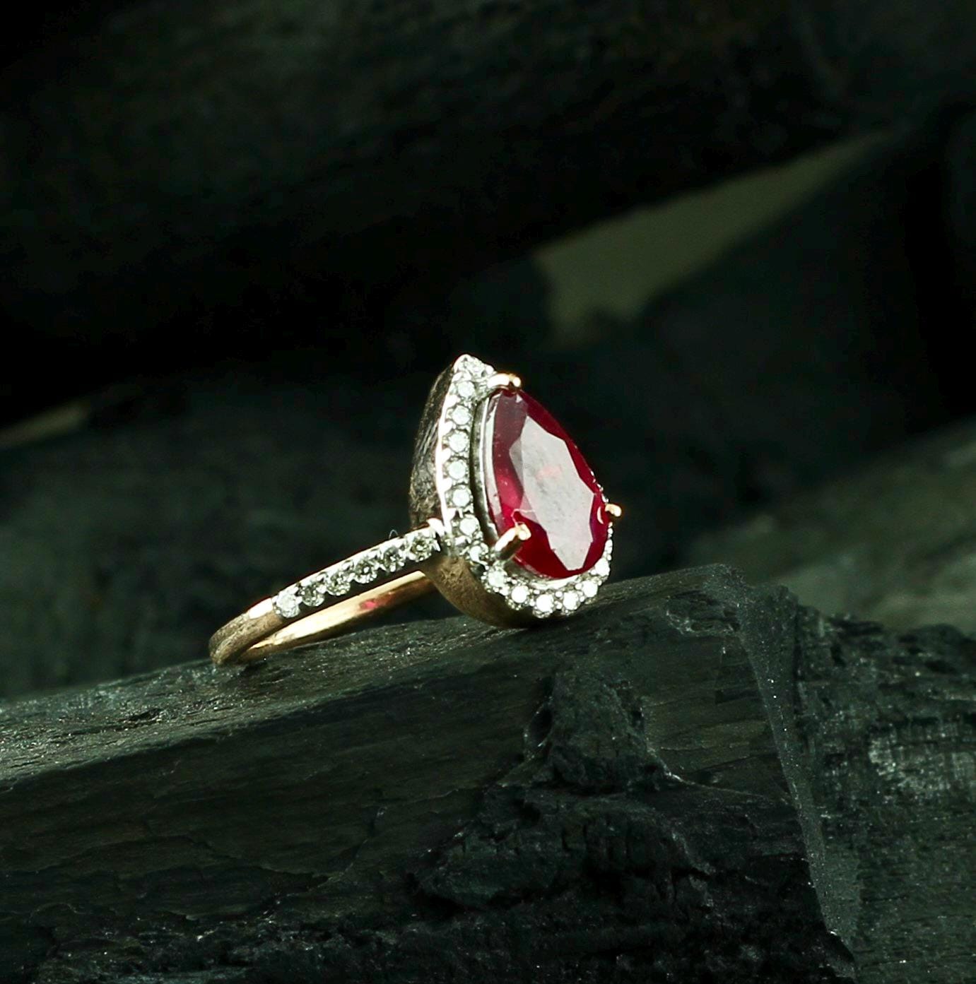 Pear Ruby Halo Ring | Sterling Silver Pavé, Anniversary Gift