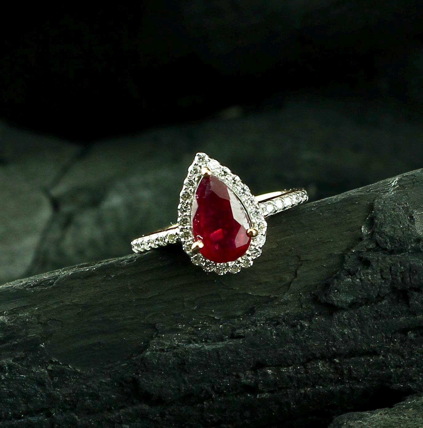 Pear Ruby Halo Ring | Sterling Silver Pavé, Anniversary Gift