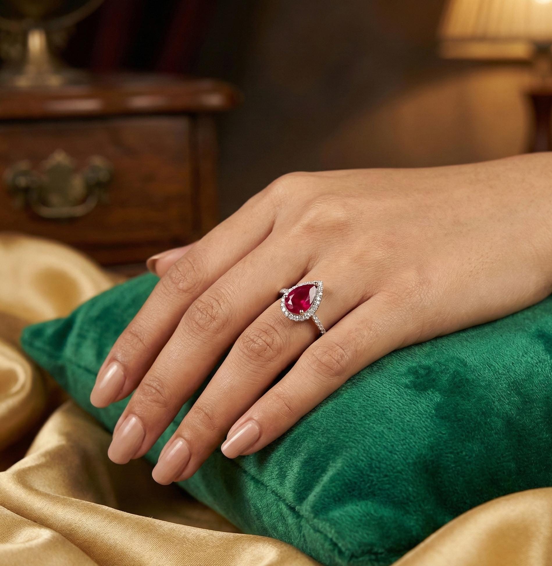 Pear Ruby Halo Ring | Sterling Silver Pavé, Anniversary Gift