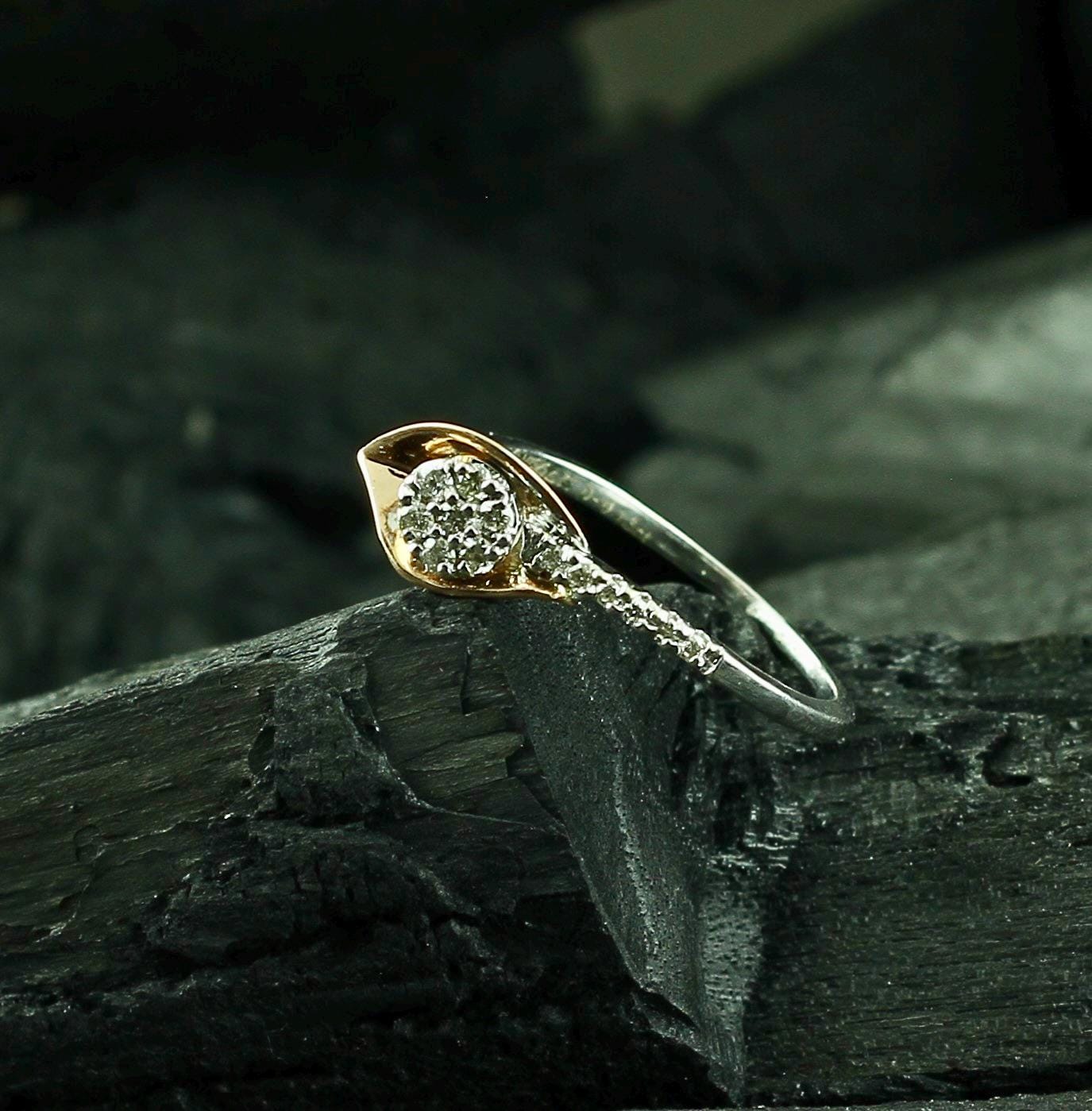 Sterling Silver Leaf Ring, Dainty Moissanite Pave Band