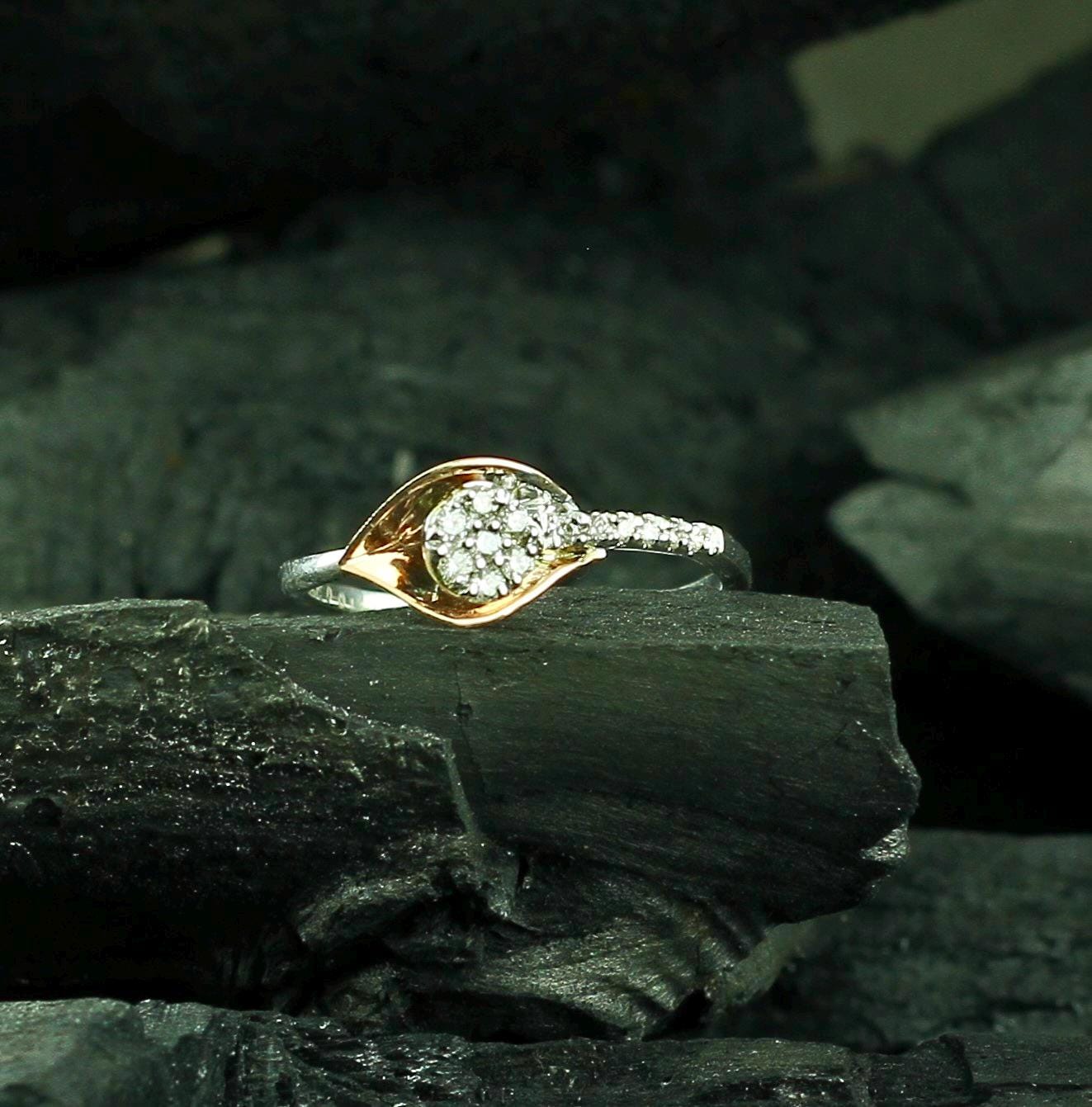 Sterling Silver Leaf Ring, Dainty Moissanite Pave Band